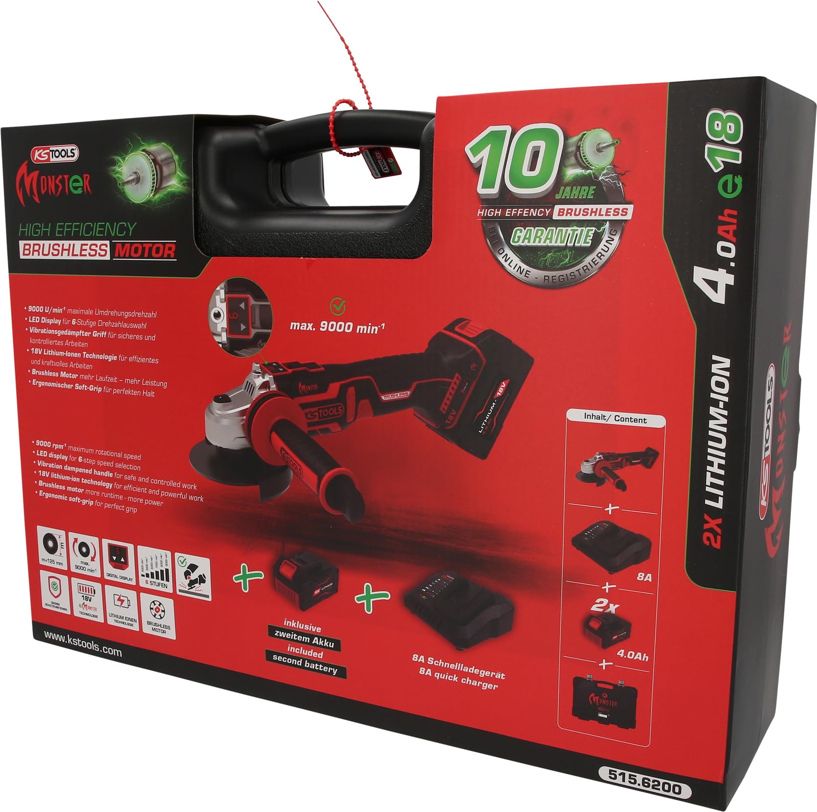 KS Tools 515.6200 eMONSTER Brushless-Akku-Winkelschleifer-Satz, 4-tlg
