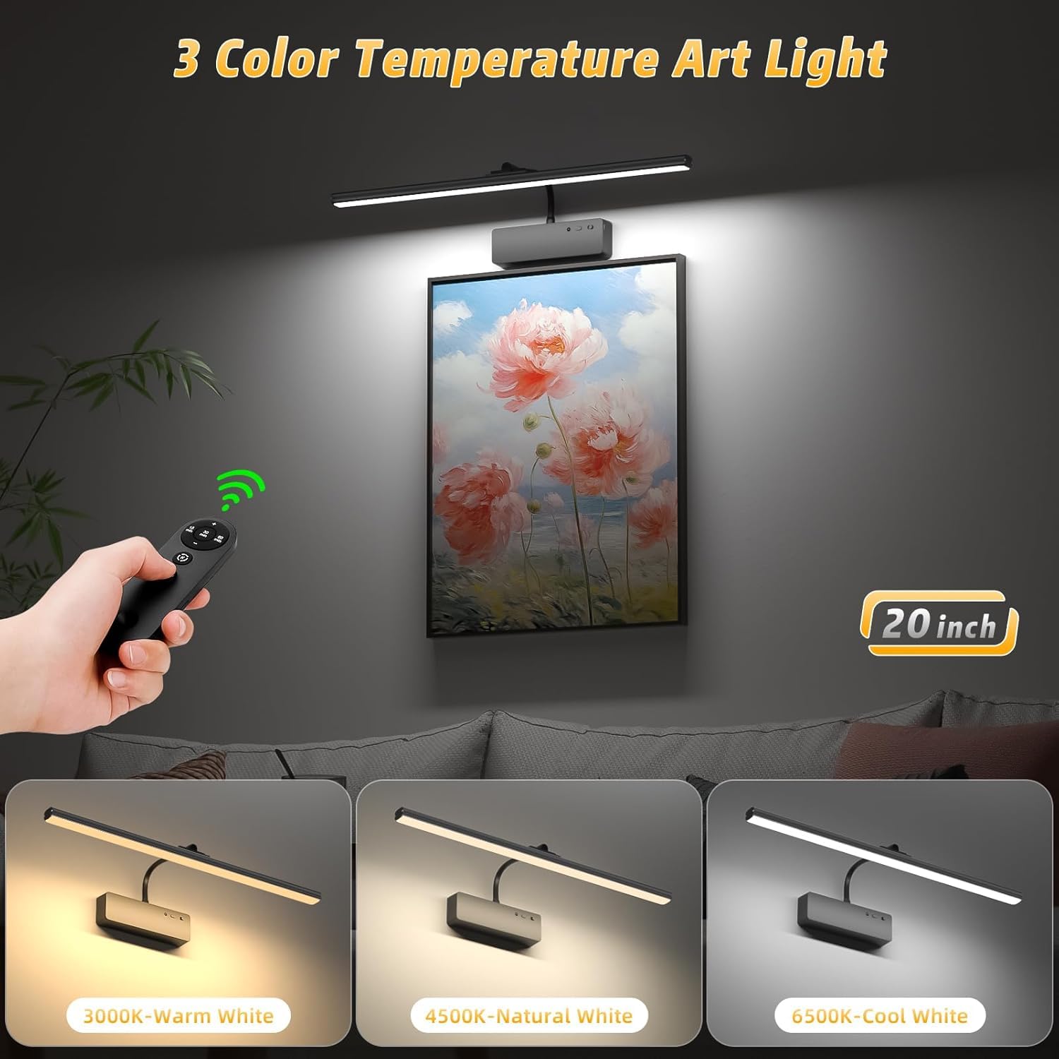 Bilderleuchte mit Fernbedienung Dimmbar und Timer Wandleuchten Kabellose Wiederaufladbare Batterie Wandlampen Akku LED Innen 360° Verstellbare Bilderlampe Wand Lampe 5W für Display Schwarz