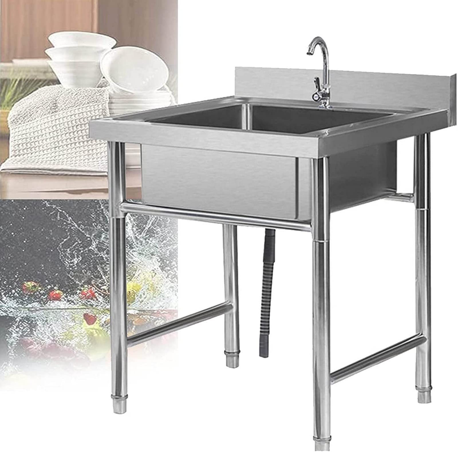 LIJCC Kitchen Sink 304 Stainless Steel Single Bowl Kitchen Sinks Commercial Freestanding Utility Sink for Laundry Room Workshop-Inner Kitchen Decor Sink (50 * 50 * 80cm)