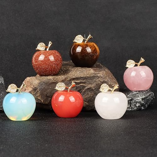 Miniatura 9 de SMQ Estatuilla de manzana con cristal de cuarzo rosa de 1.5 pulgadas, con hoja dorada, bonitos cristales tallados, estatua de manzana, piedra