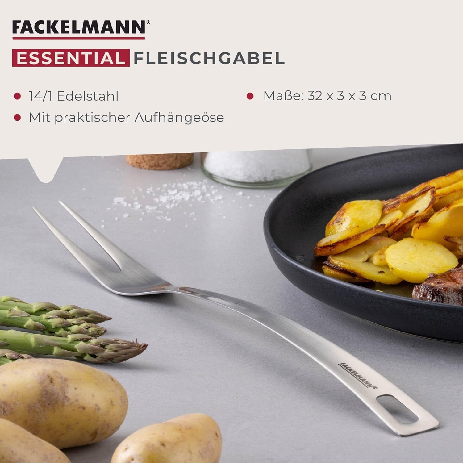 Fackelmann Essential Stainless Steel Meat Fork - Dishwasher Safe with Hanging Loop