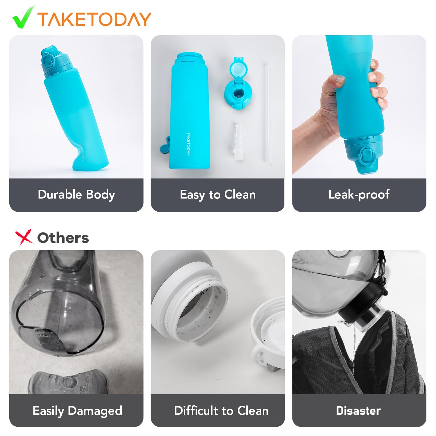TakeToday Faltbare Reise-Wasserflasche mit Strohhalm, BPA-frei, Silikon, auslaufsicher, für Wandern, internationale Reisen, Outdoor, 900 ml, Blau