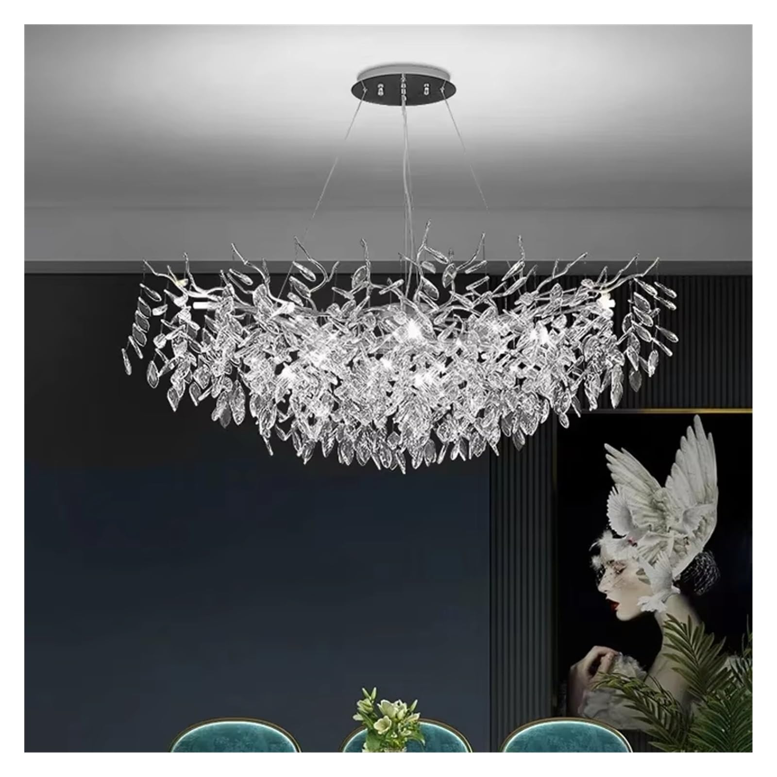 Nowoczesny luksusowy kryształowy żyrandol wiszący do jadalni, salonu, sypialni, dekoracji domu, srebrnego światła ściennego(okrągłe, 60 cm, 3 wymienne światła