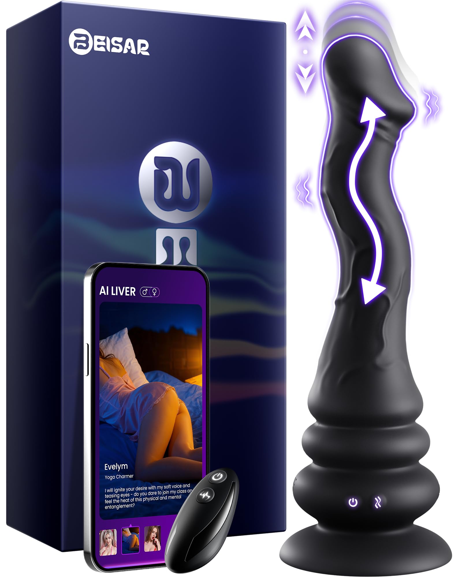 Beisar 3 in 1 Prostate Massager Anal Dildo - Powered Vibrating Butt Plug Male Sex Toys for Men Vibrator with 9 Wave Wriggling Thrusting Modes, Anal Dildo Plug Adult G, P-Spot Vibrator Remote Control