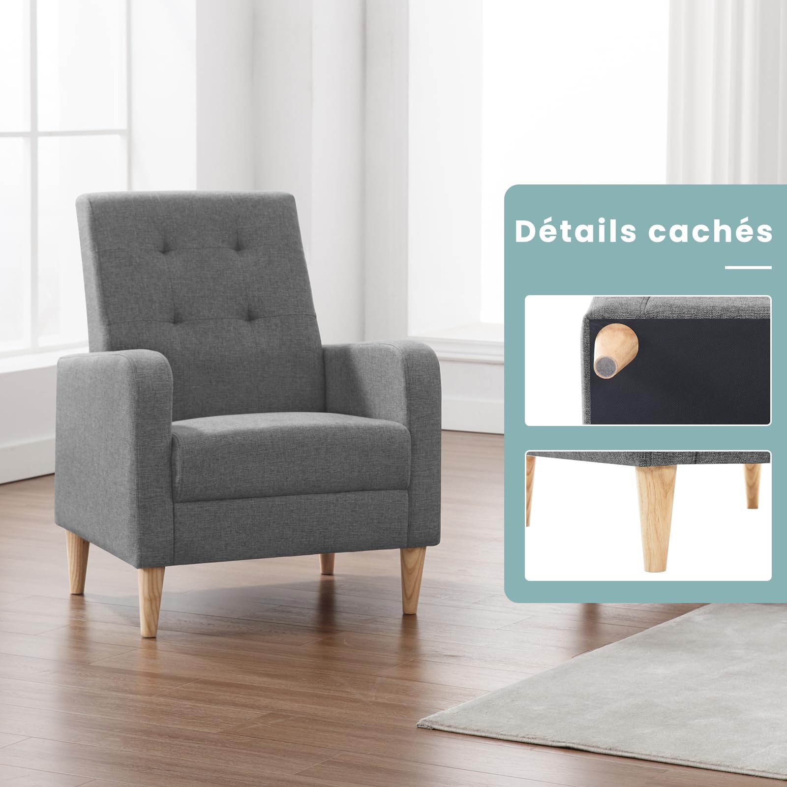 WOLTU Fauteil Salon, Fauteuil Relax à Dossier Haut, Chaise de Relaxation avec Pieds en Bois Massif, Accoudoirs, Siège Rembourré, Revêtement en Lin, pour Salon, Bureau, Gris Foncé, SKS41dgr