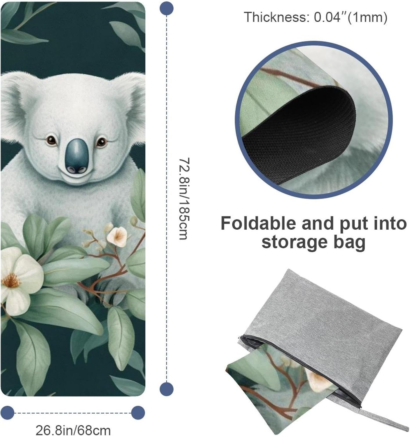 Yoga Towel, Koala Flowers Pattern Non Slip Sweat Absorbent Hot Yoga Mat Towel for Hot Yoga, Pilates and Fitness - 72.8" x 26.8"