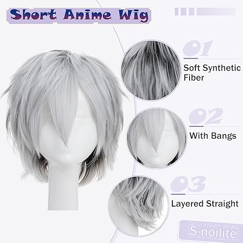 Miniatura 4 de Pelucas de pelo sintético lacio, corto y esponjoso. Para fiestas de cosplay, anime peluca con pelo despeinado y puntiagudo, para hombre y mujer