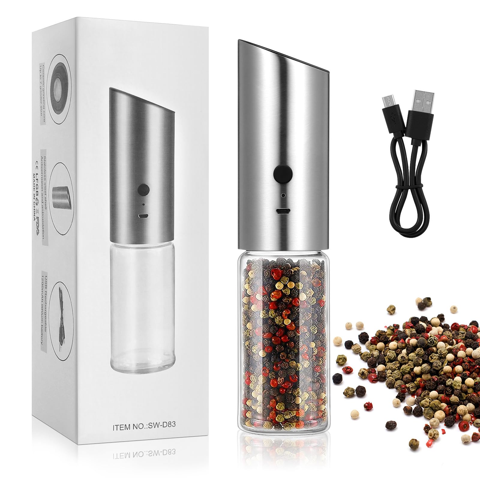 BESPORTBLE Elektrische Pfeffermühle und Salzstreuer Nachfüllbar Verstellbarer Mahlgrad Glas Edelstahl ABS USB Aufladbar Einhandbedienung Kompakt für Küche und Picknick