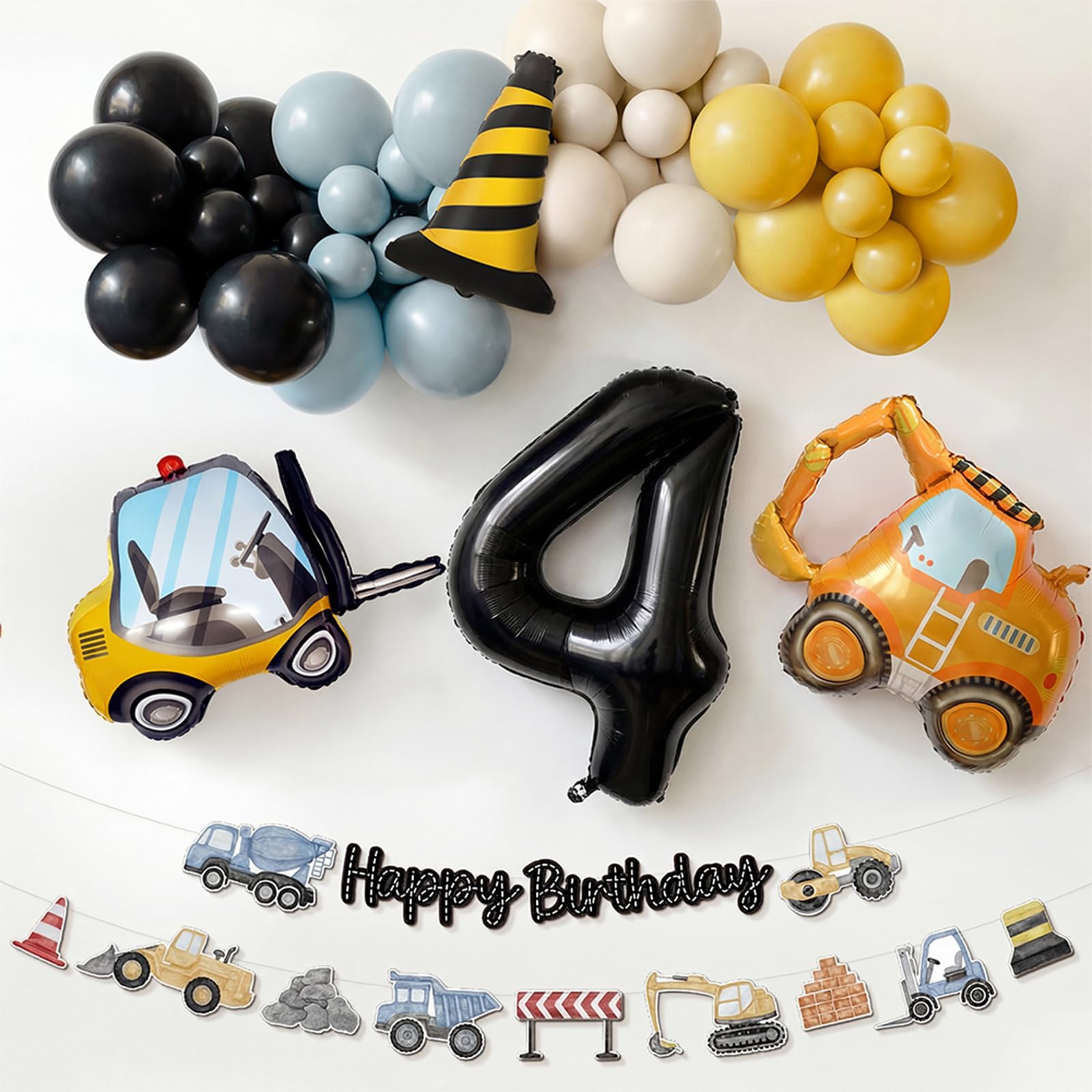 4th Birthday Decorations Boy - Digger Birthday Decorations Construction Balloons Arch Kit with Foil Excavator Balloons 32Inch Number 4 Balloon and Happy Birthday Banner