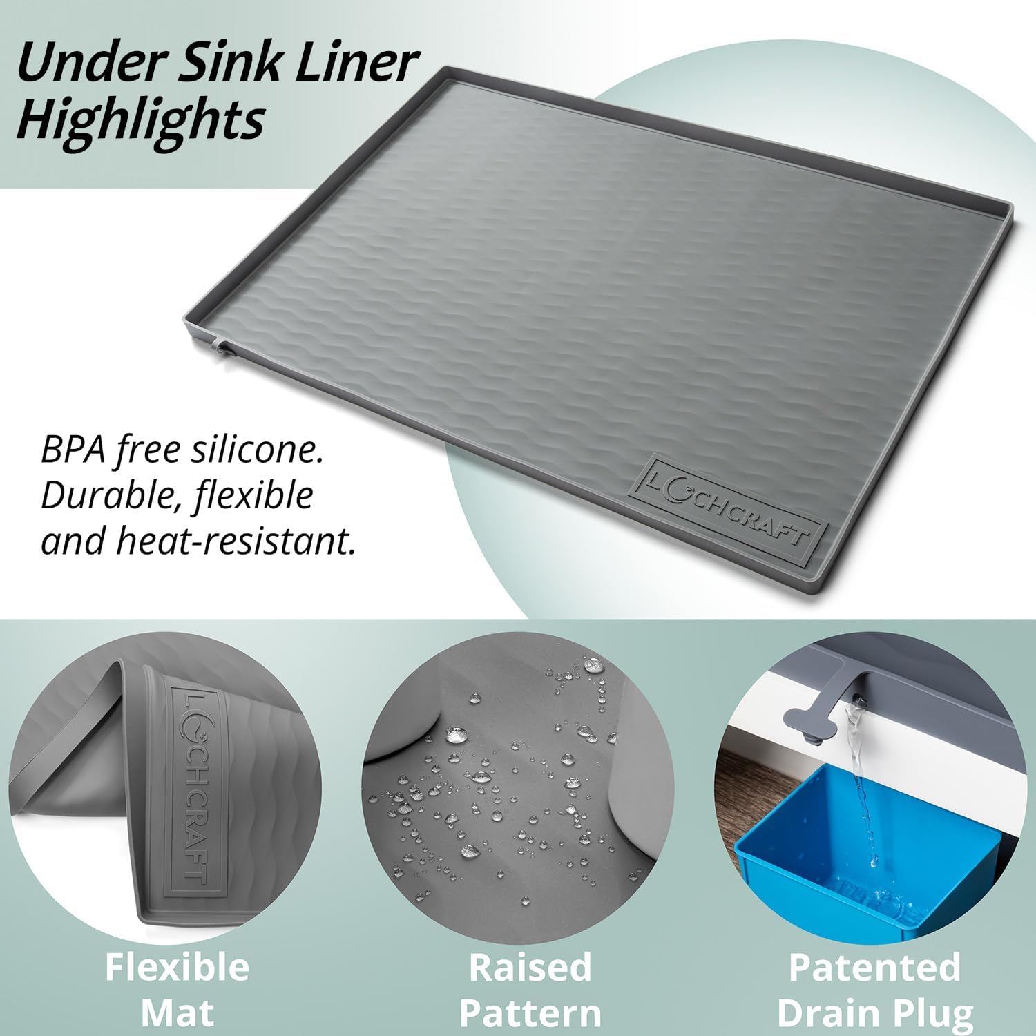 Heavy Duty Under Sink Mat - Thicker Design, Patented Drain, BPA Free - Under Sink Mats for Kitchen Waterproof - Ideal Under the Sink Mat Waterproof Solution - 31 x 22 Inches - (Grey)