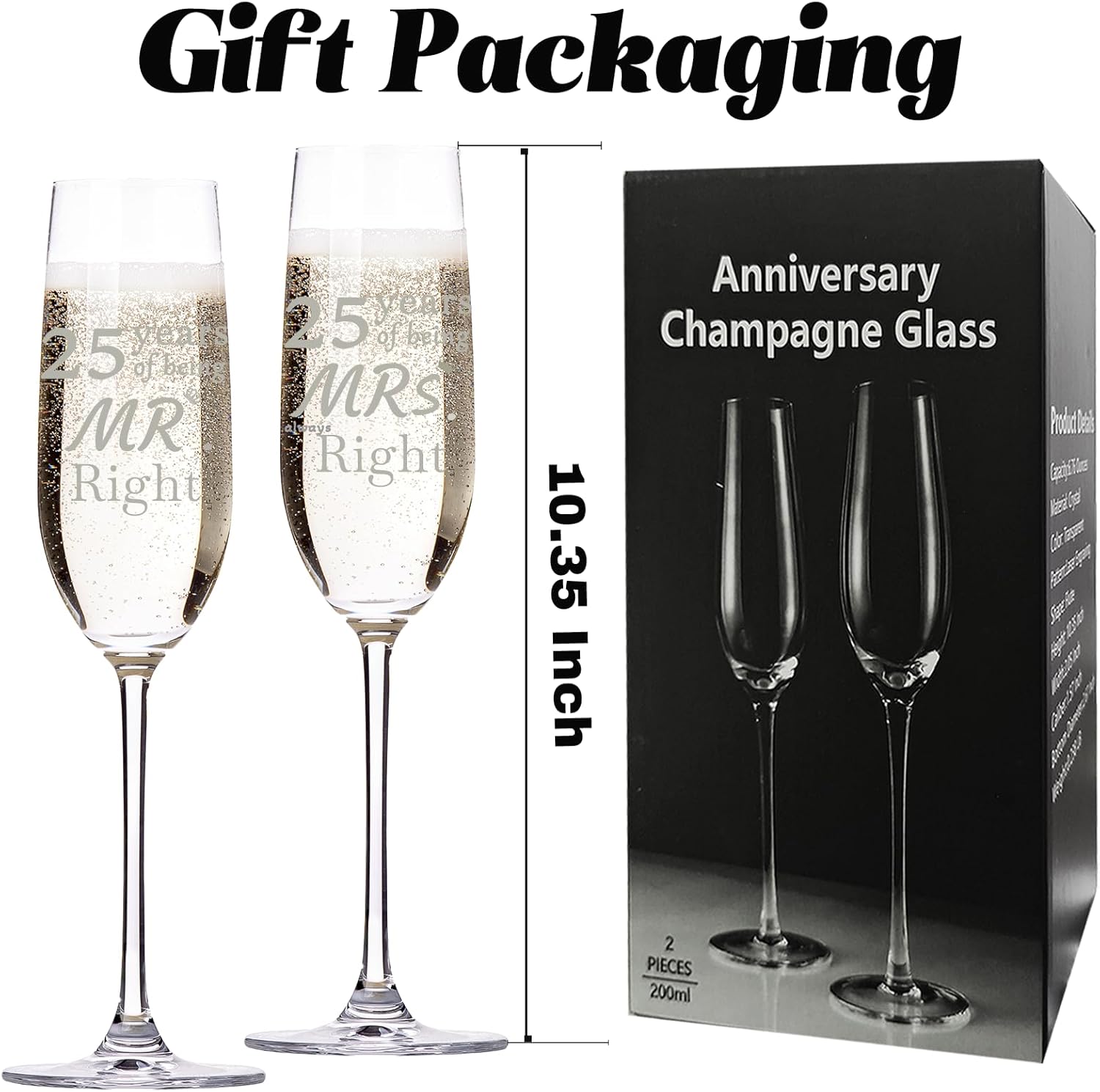 25 Year Anniversary Champagne Flutes Set of 2, 25th Anniversary Wedding Gift for Couple, Him, Her, Wife, Husband, Parents, Women, Men, 25th Anniversary Decorations Gift - Image 6