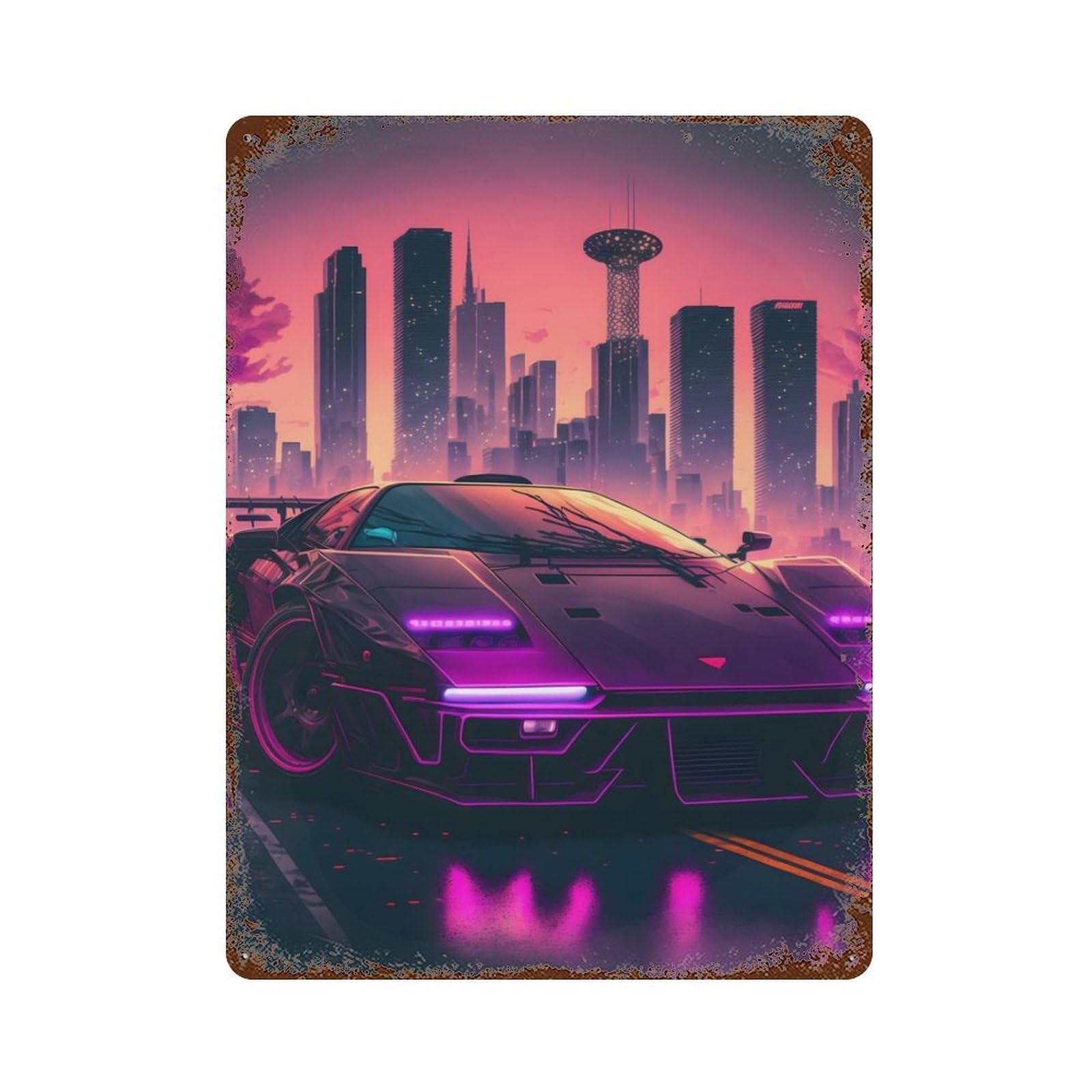 Rust Effect Synthwave Sports Car Rusty Metal Tin Sign 15.7"x11.8", Old School Wall Decor for Pub, Kitchen And Man Cave Decor