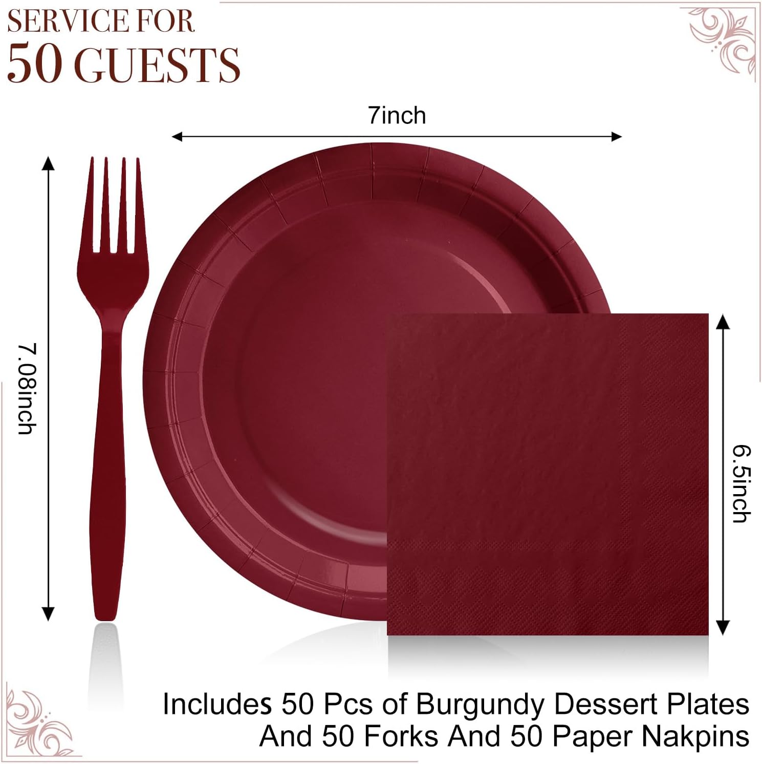Burgndy Paper Plates and Napkins Include 7inch Paper Dessert Plates,Napkins,Plastic Forks, Disposable Party Supplies for Birthday Wedding Party Family Picnic,for 50 Guests