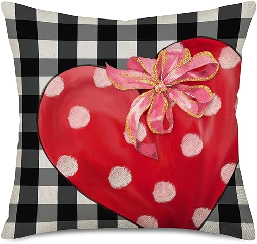 Smilyard Funda de almohada para el día de San Valentín de 18 x 18 pulgadas, diseño de búfalo blanco y negro, a cuadros, corazón rojo, lunares, lazo,