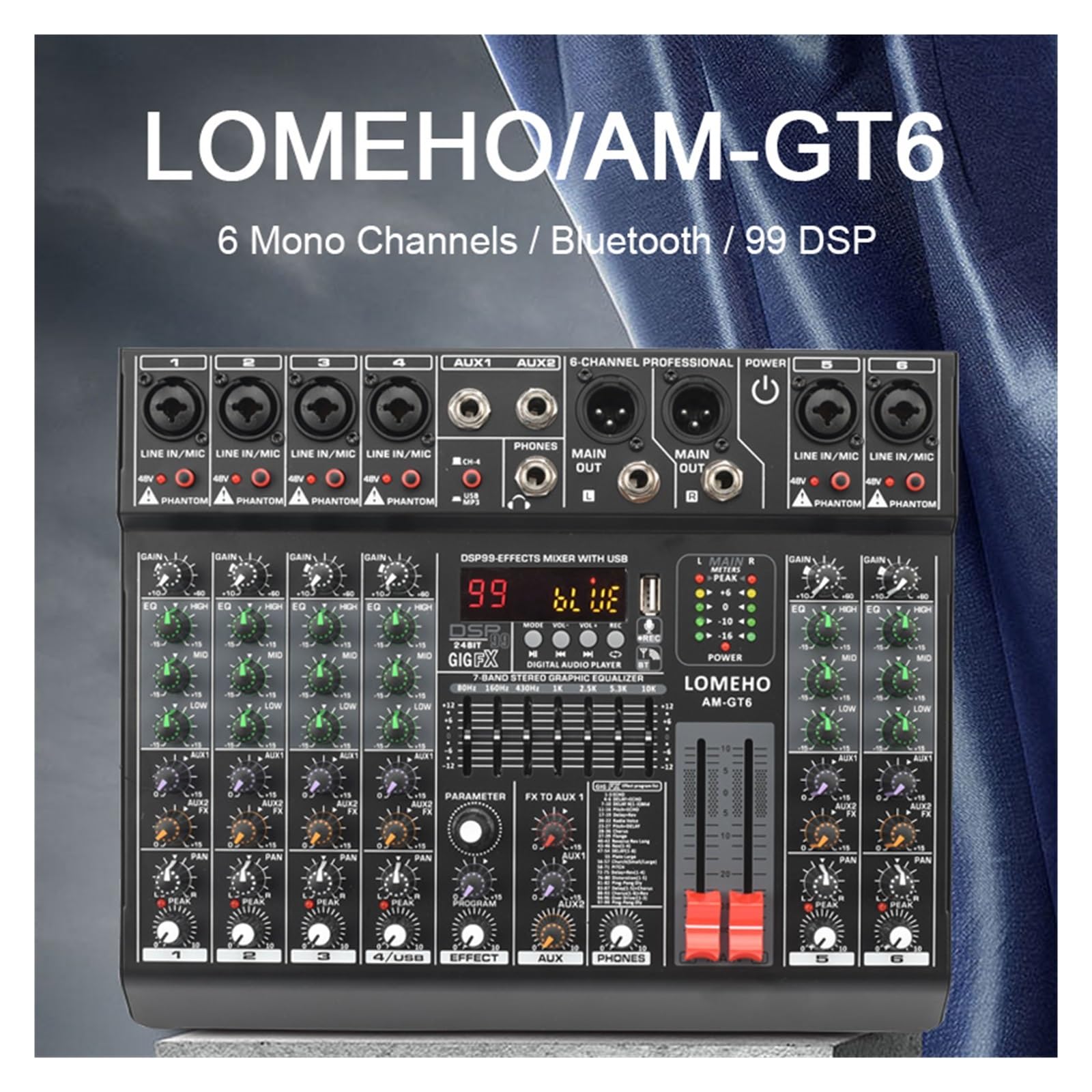 DJ-Mixer, 6 Monokanäle Mischpult 99 digitale Effekte Bluetooth USB PC Sound Mixer mit 48V for Kirche AM-GT6