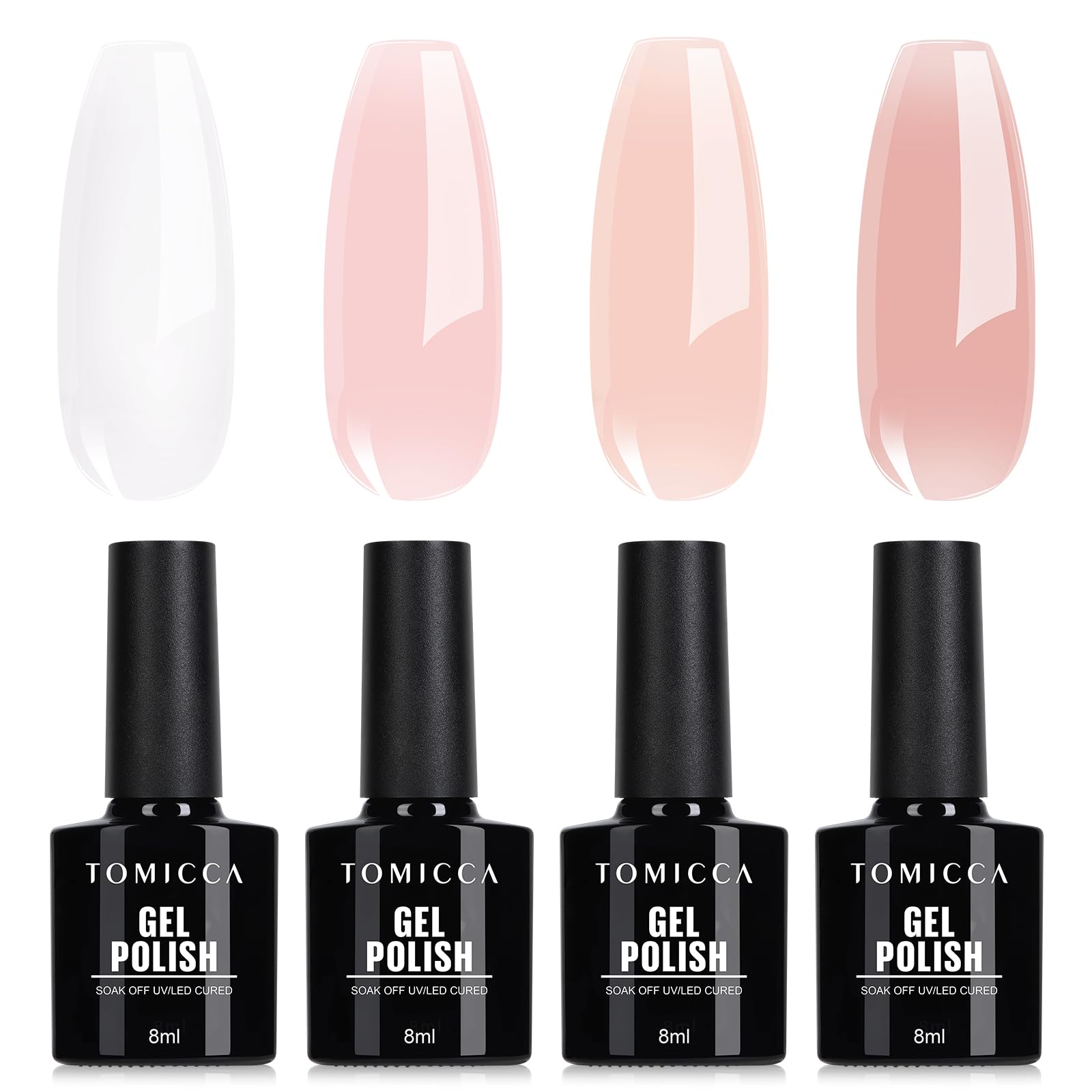 TOMICCA Set di 4 smalti UV, colore bianco latte, rosa, smalto semipermanente unghie UV Soak-Off UV/LED per studio di unghie e fai da te, 8 ml