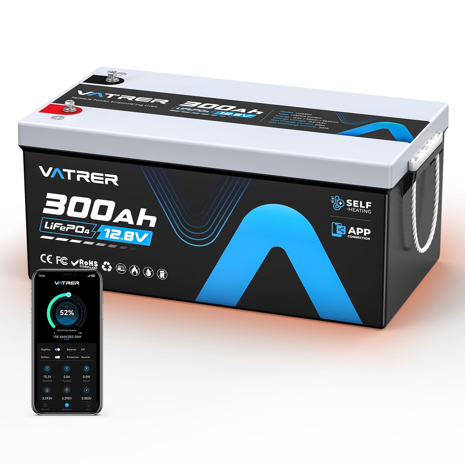 12 8V 300Ah Self-Heating LiFePO4 Lithium Battery with APP Monitoring Low Temp Cut off Built-in 200A BMS Rechargeable
