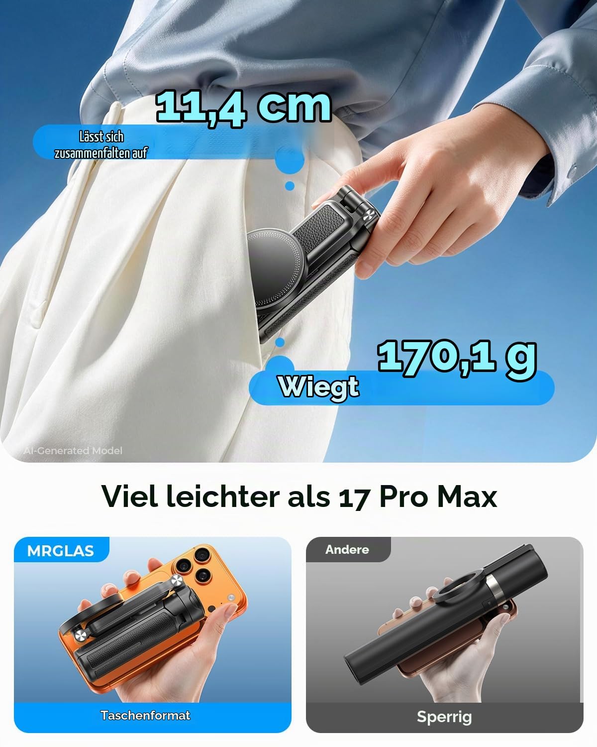 17 Zoll Handy Stativ Selfie Stick, 4,5 Zoll Taschenformat Bluetooth | 4-in-1 Design, Kabellose Fernbedienung, 360° drehbar, Kompatibel mit MagSafe, Abnehmbare Klemme, Für iPhone Android