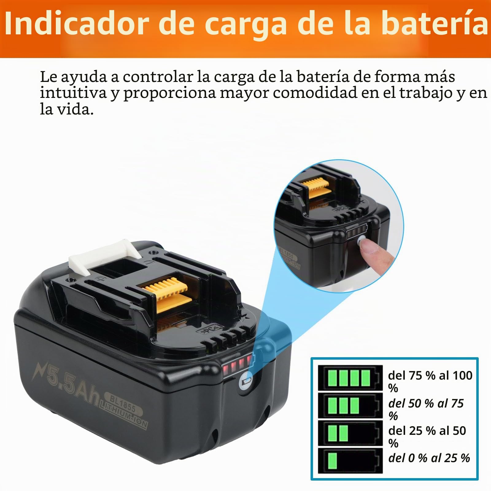 5,5 Ah Batería de repuesto para baterías Makita de 18V con cargador DC18RC Compatible con BL1860, BL1860B, BL1850, BL1850B, BL1840, BL1840B, BL1830, BL1830B, BL1815, BL1825, BL1835, BL1845, 194205-3