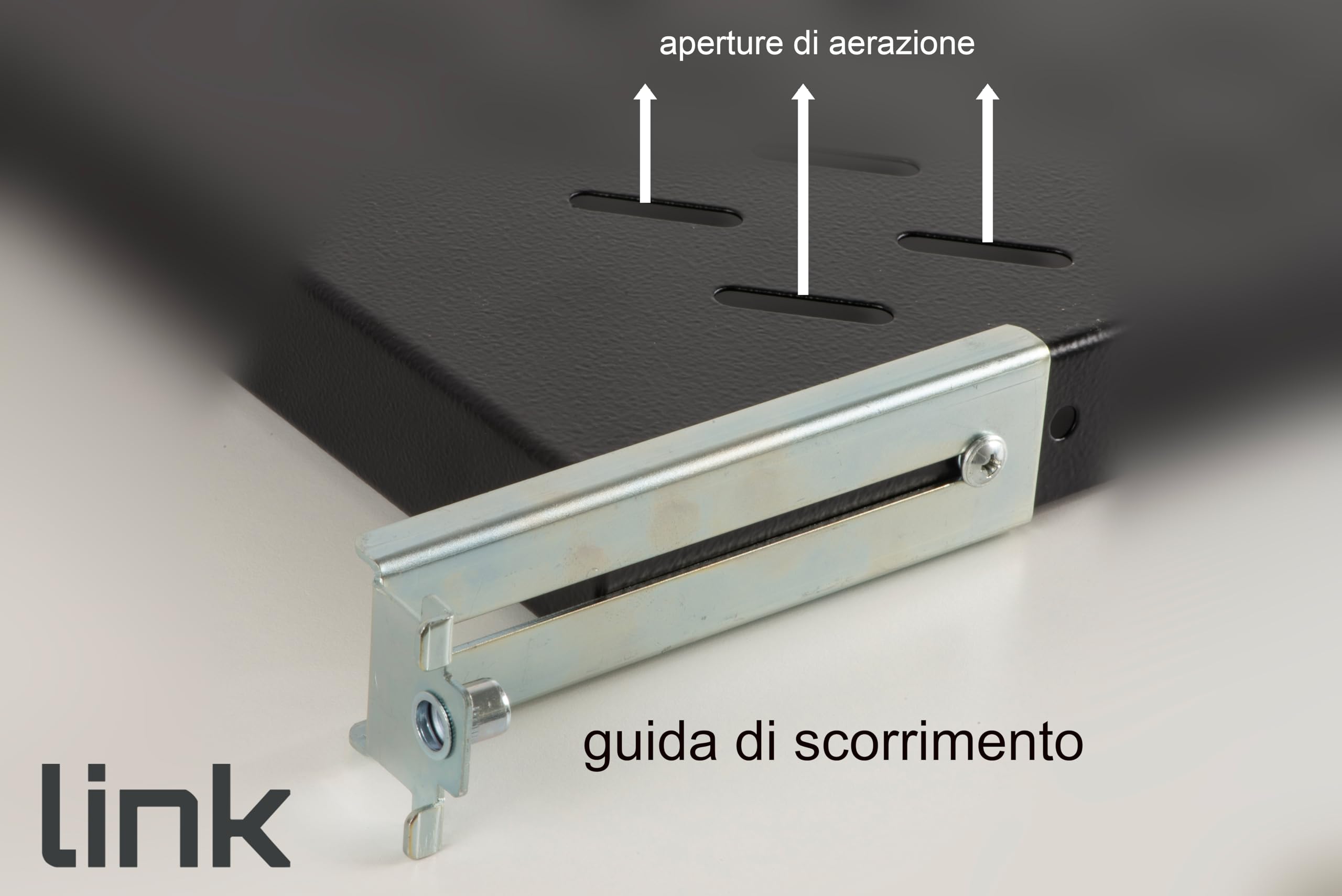 Mensola in acciaio per armadio rack 19" regolabile 350-450 mm, nero RAL9005, portata 50 kg