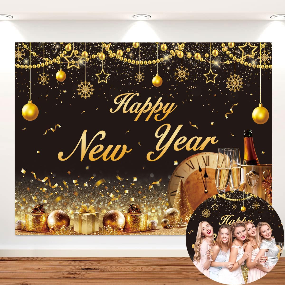 Black Gold Happy New Year Backdrop 2025 New Year Clock Champagne Gold Ball Snowflake Photography Background New Year Eve Count Down Christmas Indoor Outdoor Family Party Decorations (10x8FT)