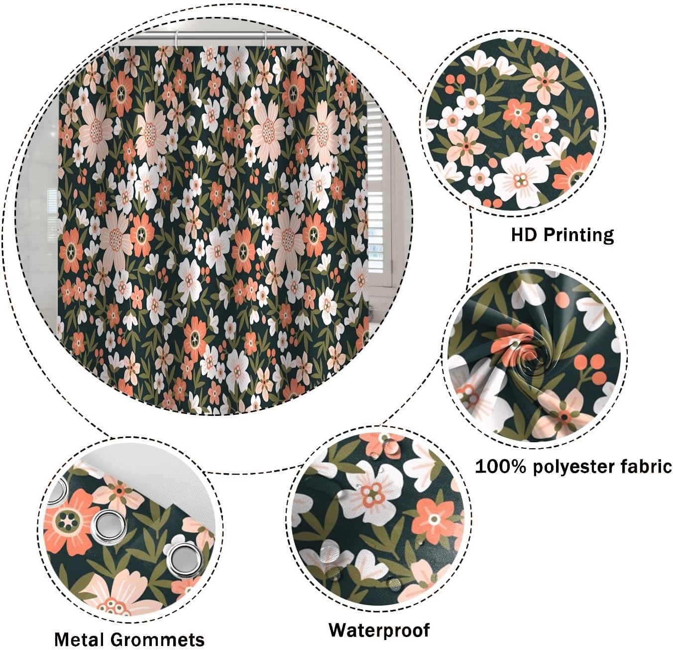 Floral Shower Curtain 72x84 Inch Boho Pink Flower Green Leaves Lush Plants Nature Botanical Bath Curtain Waterproof Fabric Modern Farmhouse Bathroom Decor Accessories Set with Hooks