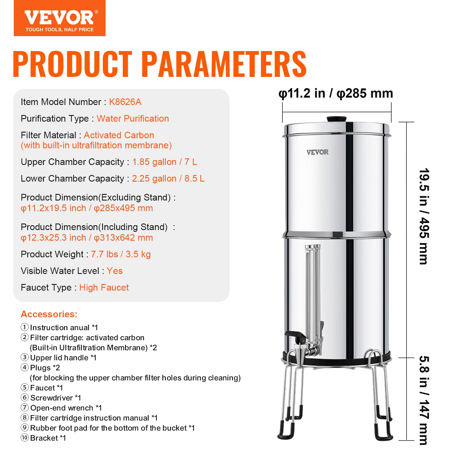 VEVOR Sistema de Filtración de Agua por Gravedad 8,5L Sistema de Encimera Acero Inoxidable Reduce Plomo y hasta 99% de Cloro con 2 Filtros de Carbón Membrana de Ultrafiltración Nivel de Agua Visible