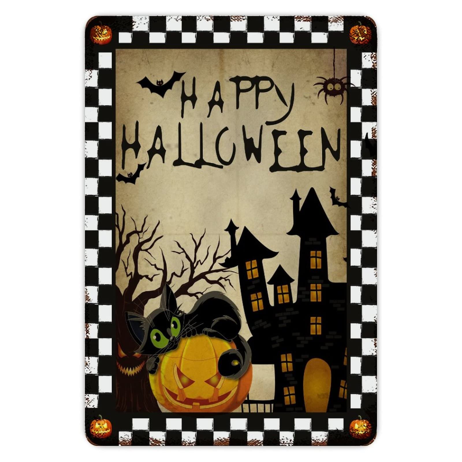 ENEDNATE Farmhouse Aluminum Sign Buffalo Plaid Happy Halloween Pumpkin Bats Spiders Ghost Moon Metal Sign Retro Aluminum Tin Sign for Kitchen Bedroom Living Room Wall Art Door Home Decor Sign 8"x12"