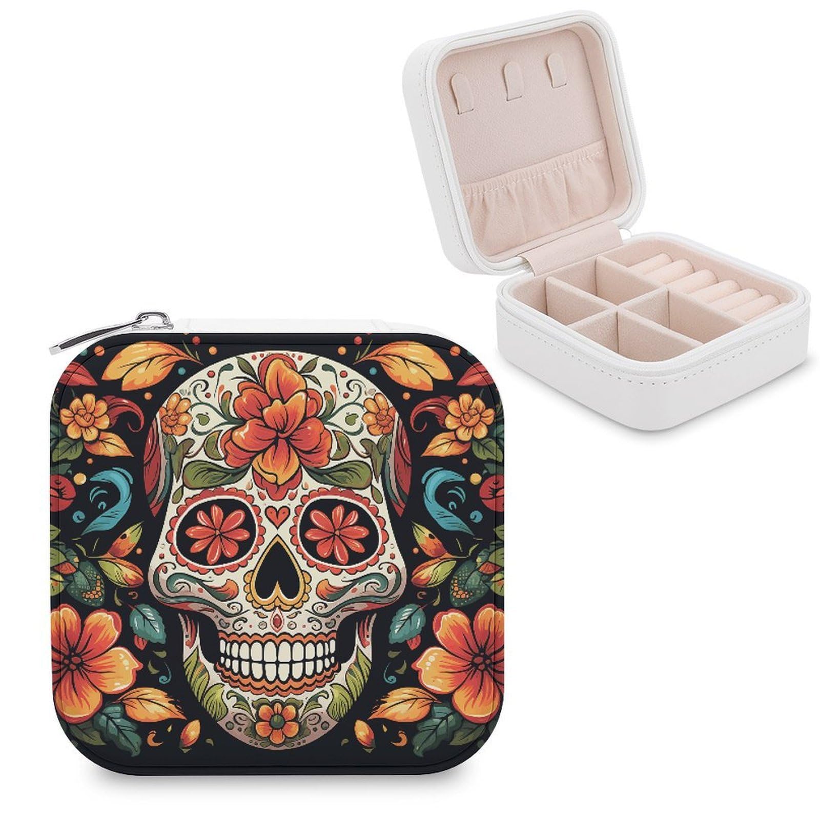 VstaDank Colorful Sugar Skull Travel Jewelry Case Zipper Portable Small Jewelry Box Custom Pu Leather Mini Traveling Jewelry Organizer for Rings Earrings Necklace Bracelet Girls Women