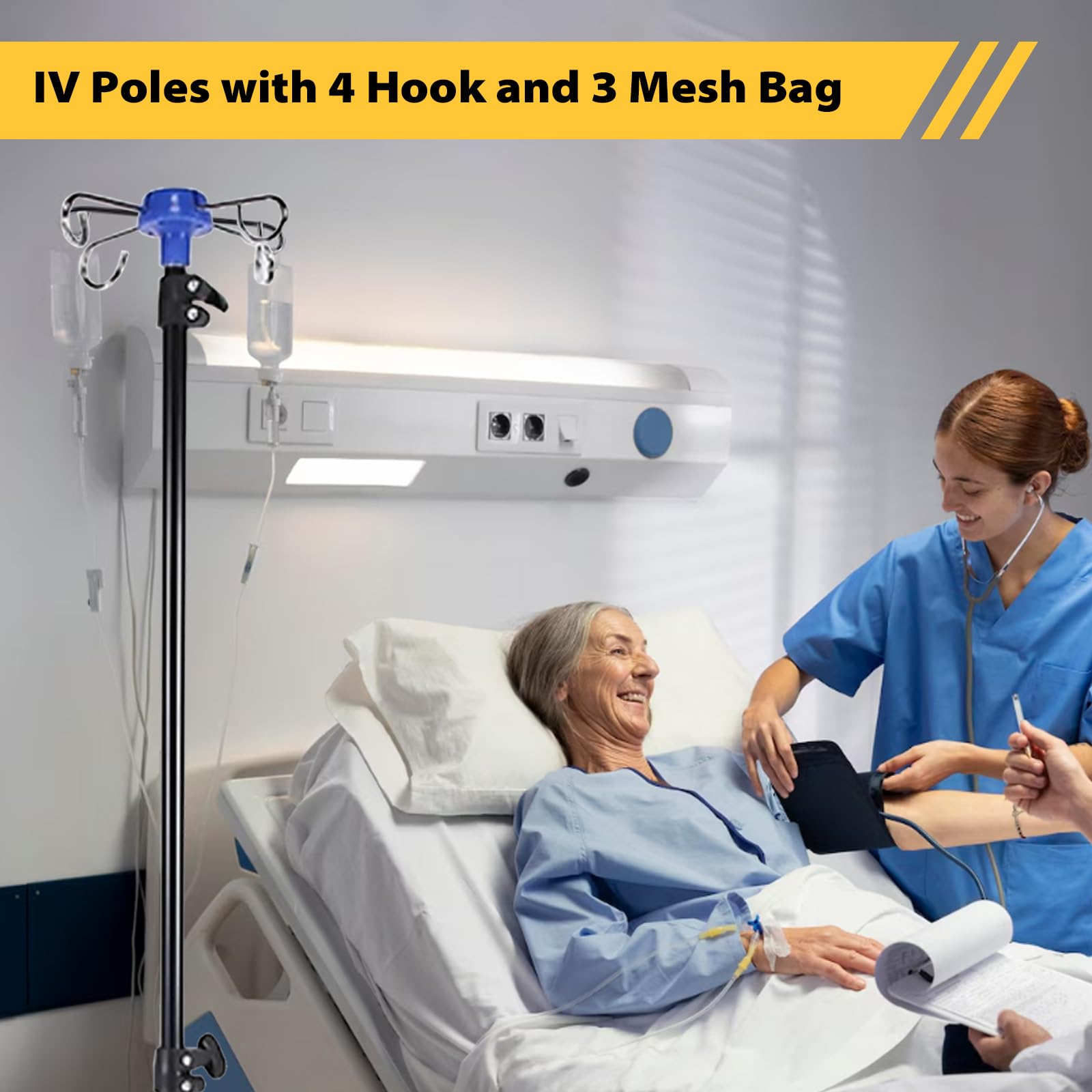 Klappbar Infusionsständer mit 4 Haken und 3 Netzbeuteln IV Ständer Höhenverstellbar von 70-210 cm Tragbarer Aluminiumlegierung Infusion Halterung für Zuhause Pflegeheime Klinikum