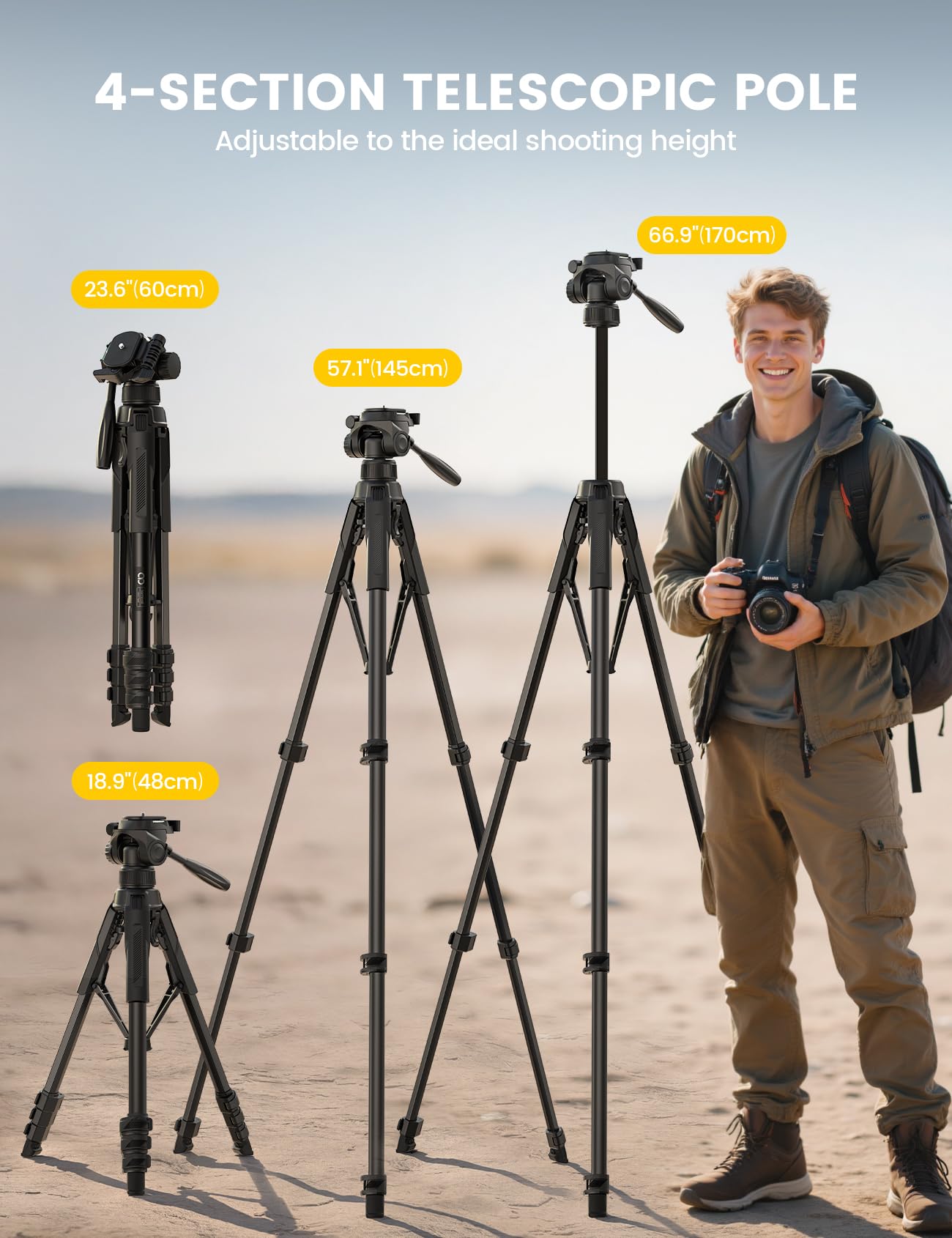 Lamicall Trépied Appareil Photo - [Pieds Brevetés Déploiement Rapide][8KG Capacité de Charge] Trépied Camera avec 3 Voies Tête Panoramique, Porte Camera avec Clip de Smartphone, pour iPhone/DSLR/GoPro