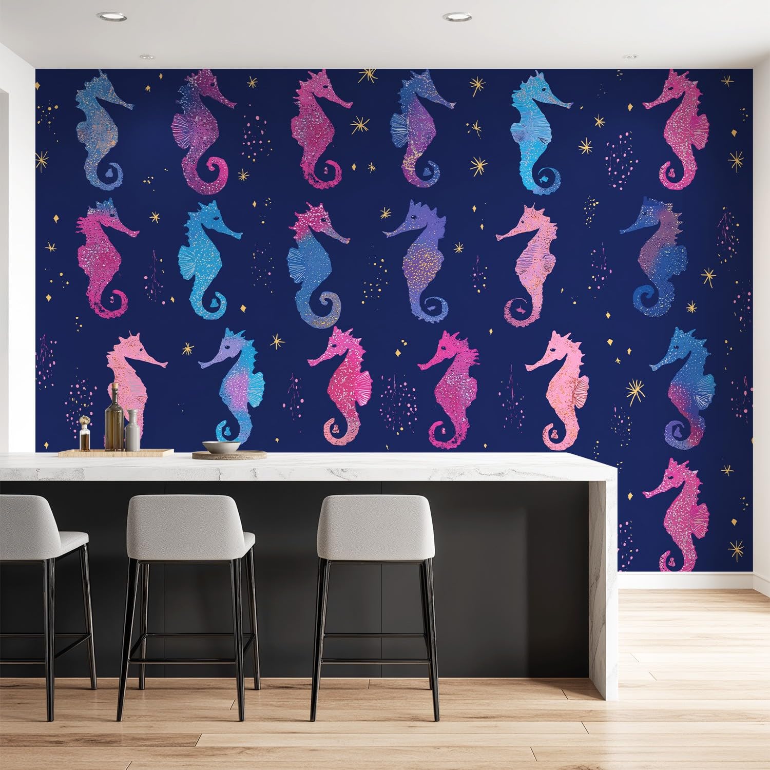 Tapeta 3D, kreskówka, fantazja, tajemnicza tapeta 400 x 280 cm, konik morski, tapeta ze zwierzętami, mural do sypialni, przedszkola, malowniczego ogrodu