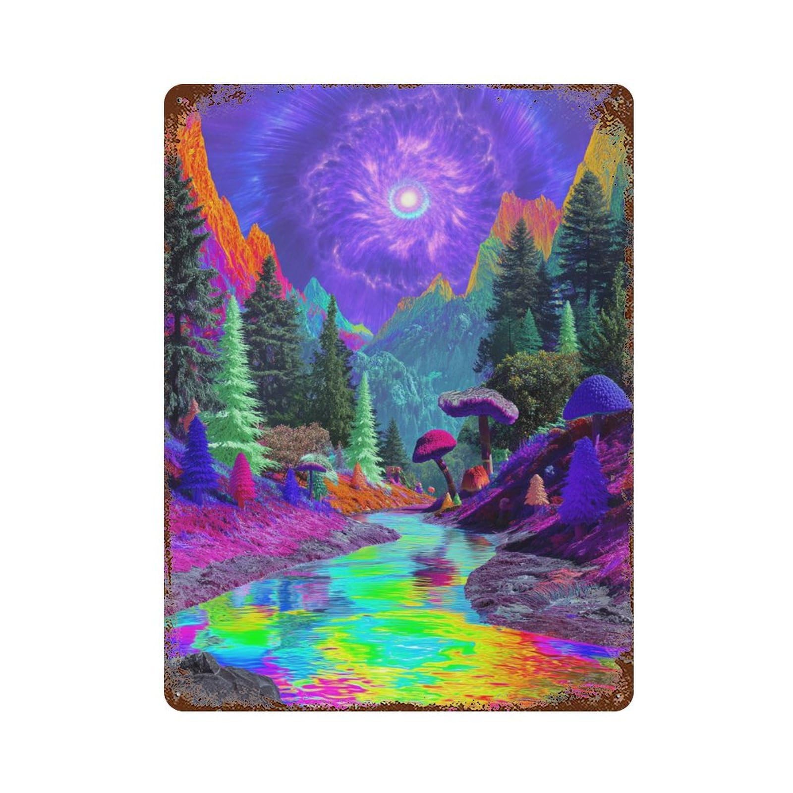 Vintage Rust Metal Sign Psychedelic Forest Stream 15.7"x11.8", Old School Wall Decor for Garage, Bar And Workshop Decor