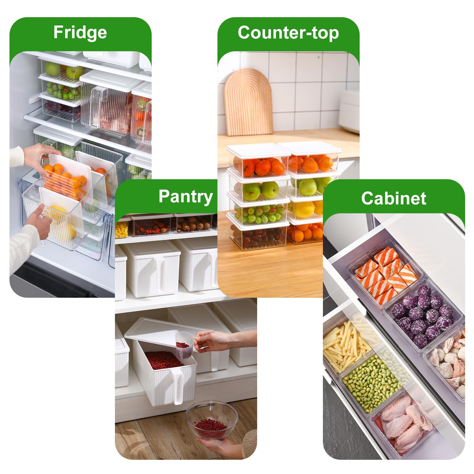 Bokelai Paquete de 5 organizadores de refrigerador, recipientes transparentes para almacenamiento de alimentos con tapas y asa, contenedores apilables para refrigerador, contenedores organizadores