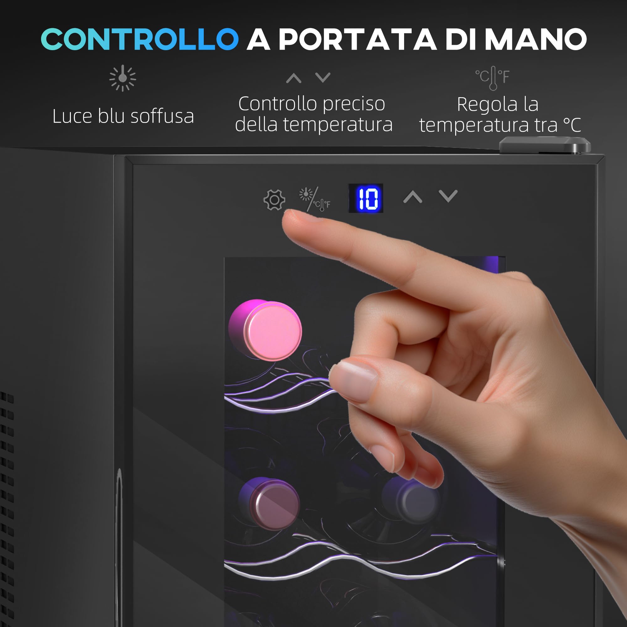 HOMCOM Cantinetta Vino Refrigerata 8 Bottiglie 21L, Cantina Vino Monotemperatura 8-18℃, con Display Touch, Luci LED, Vetro Anti UV, Ripiani Regolabile, Termoelettrico, Classe E, Nero