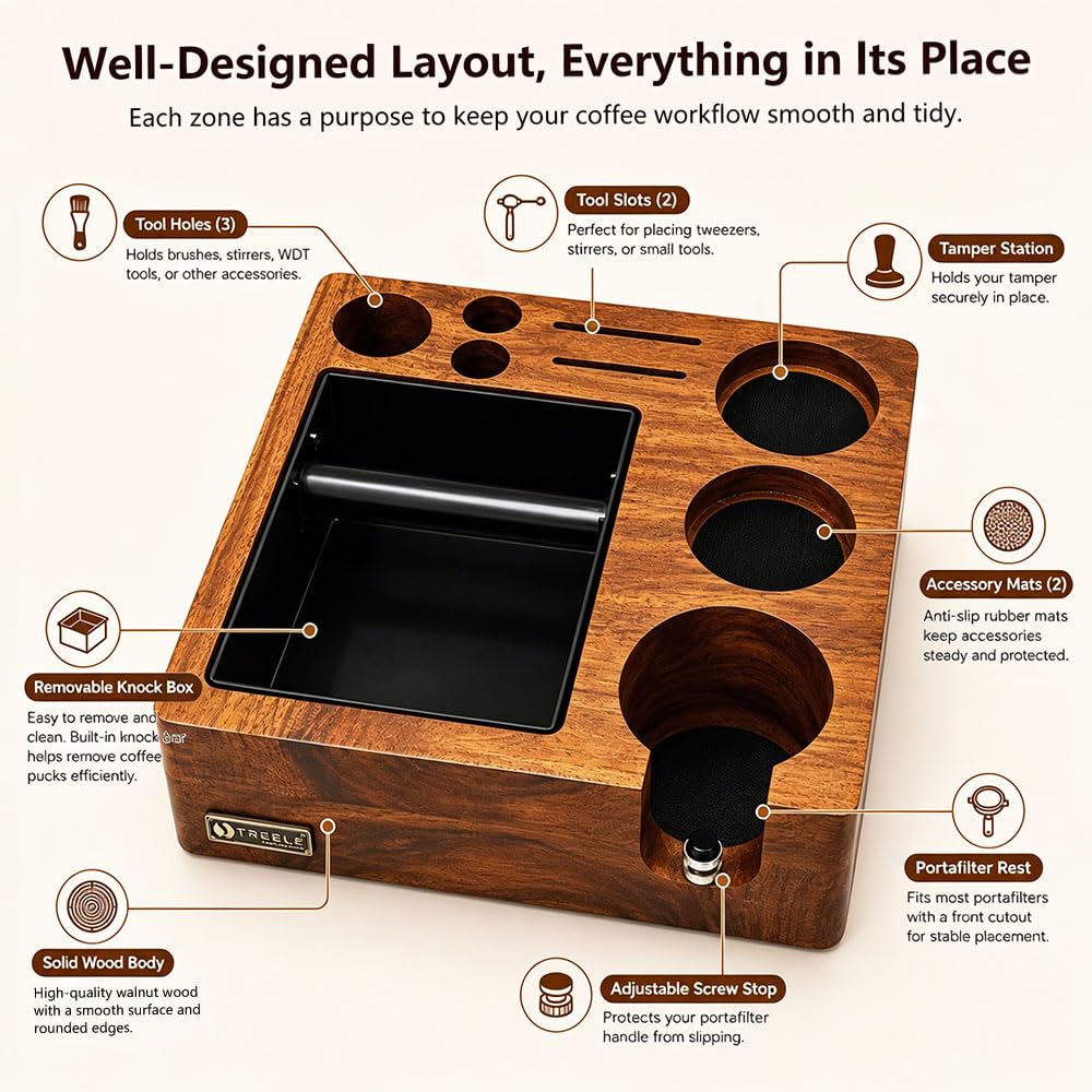 Espresso Tamperstation 58 mm z knock Box, z drewna orzecha włoskiego | Stacja tampingowa do espresso, stacja barista do ubijania z pojemnikiem, do sitka, tampera, rozdzielacza, sitka