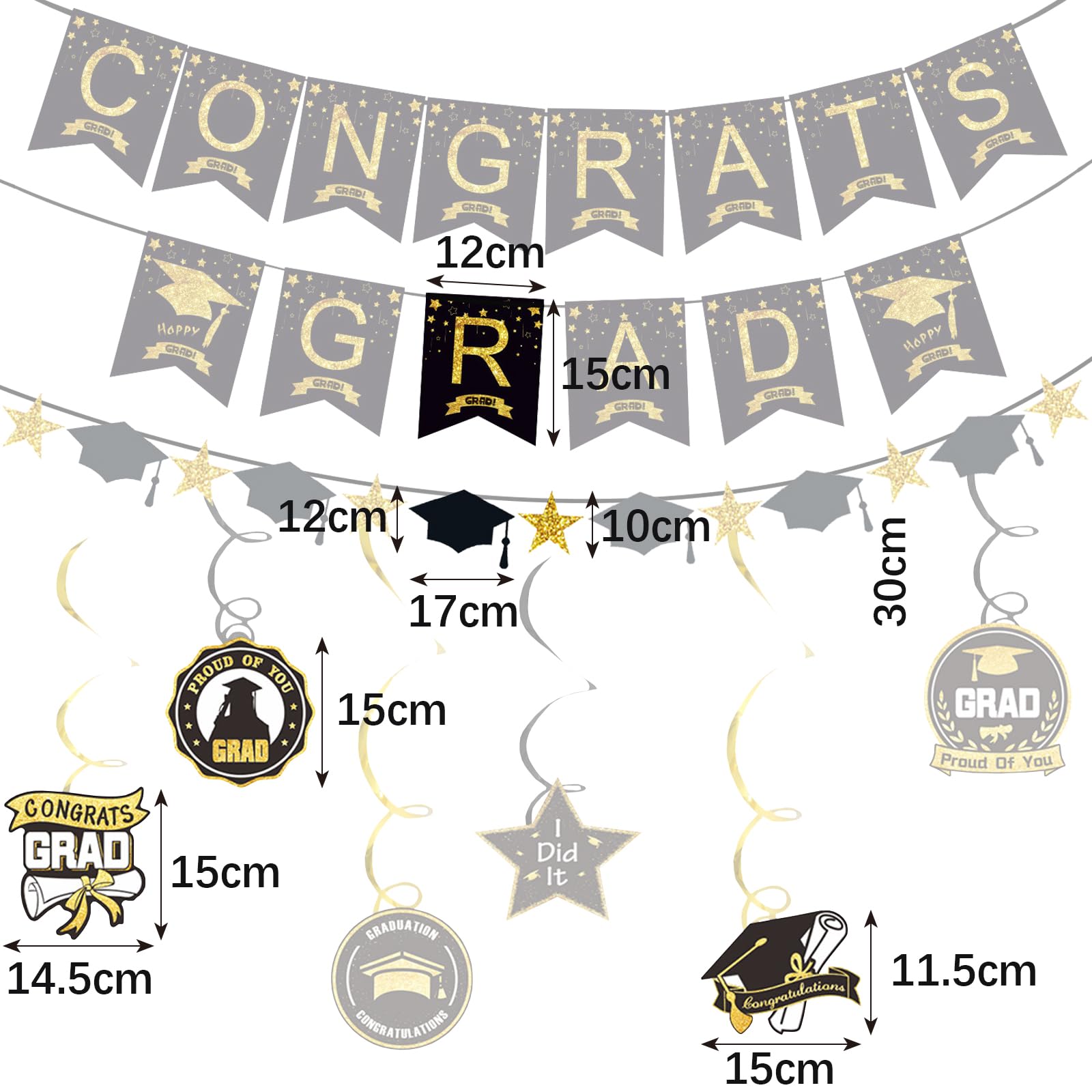 3PCS Congrats Grad Banner CHUNLINLAODA-Graduation Congrats Grad Banners Black Golden Grad Hat Paper Garland Congrats Grad Bunting Banner Sign for School Graduation Decoration Supplies (Black and gold) - Image 2