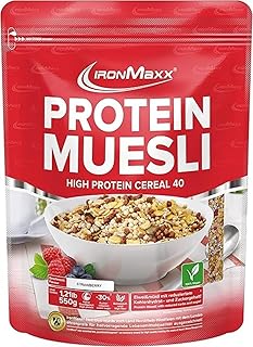 IronMaxx Protein Müsli - Erdbeere 550g Beutel | Veganes High Protein Müsli laktosefrei | Reduzierter Zuckergehalt & Low Carb