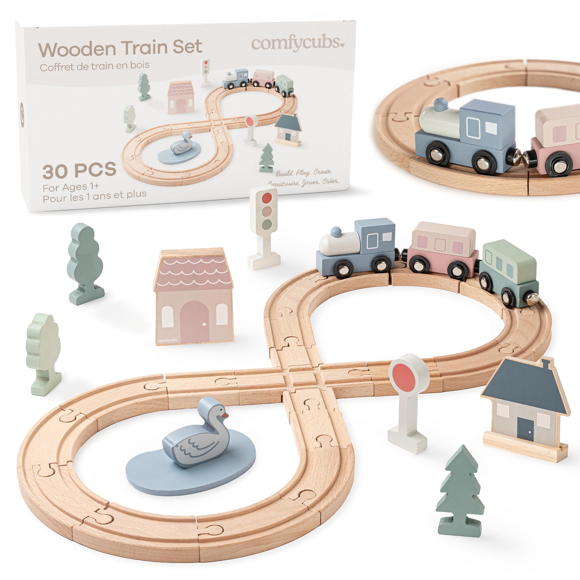 Comfy Cubs 30-Piece Wooden Train Set for Toddlers Ages 1+, Fun & Eco Friendly Toddler Train Set with Wooden Toy Tracks - Creative Toy Town Promoting Imaginative Play with Flexible Configuration 30-Piece Set