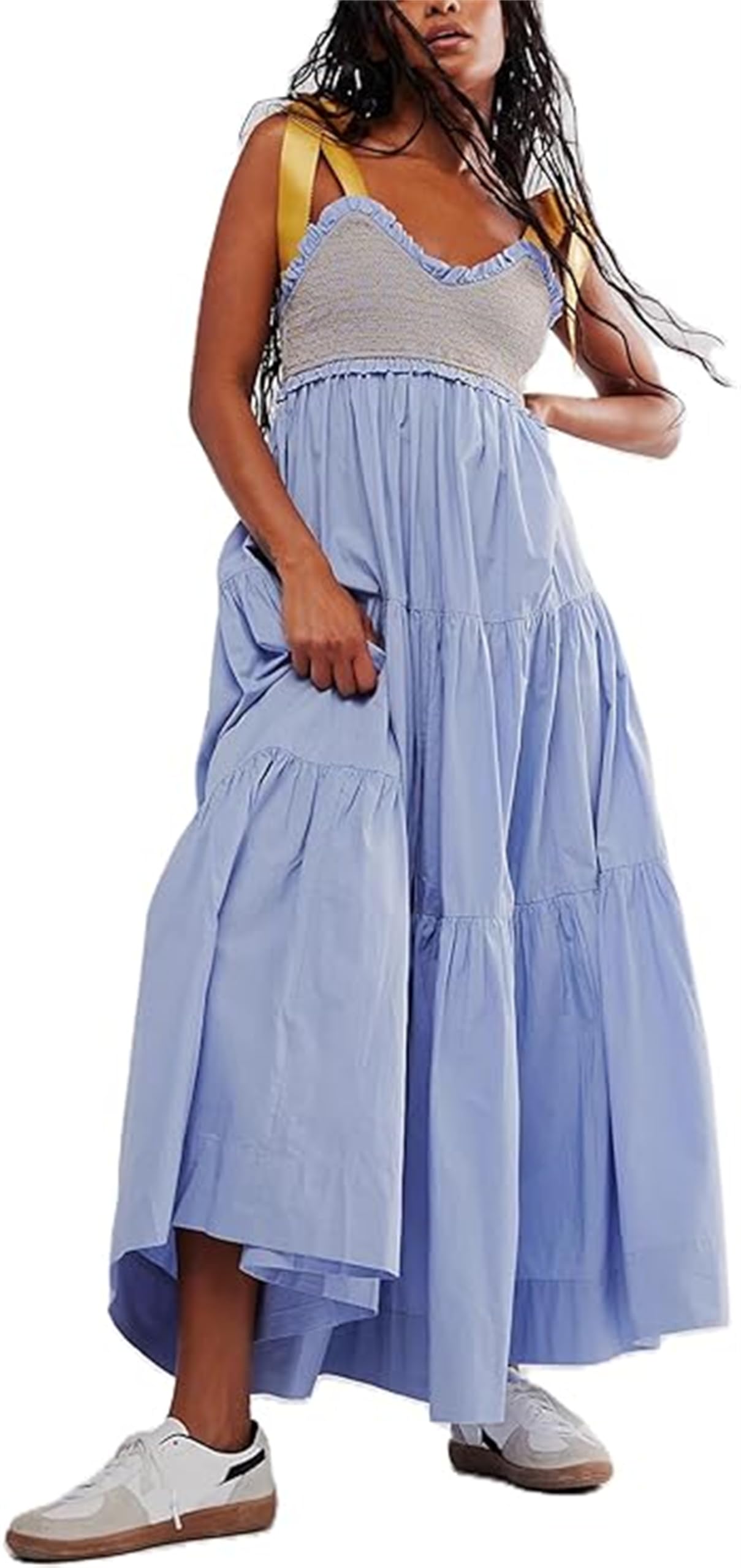 Women Summer Boho Dress Floral Printing Sleeveless Tie Shoulder Flowy Maxi Dress Y2k Beachwear Sundress