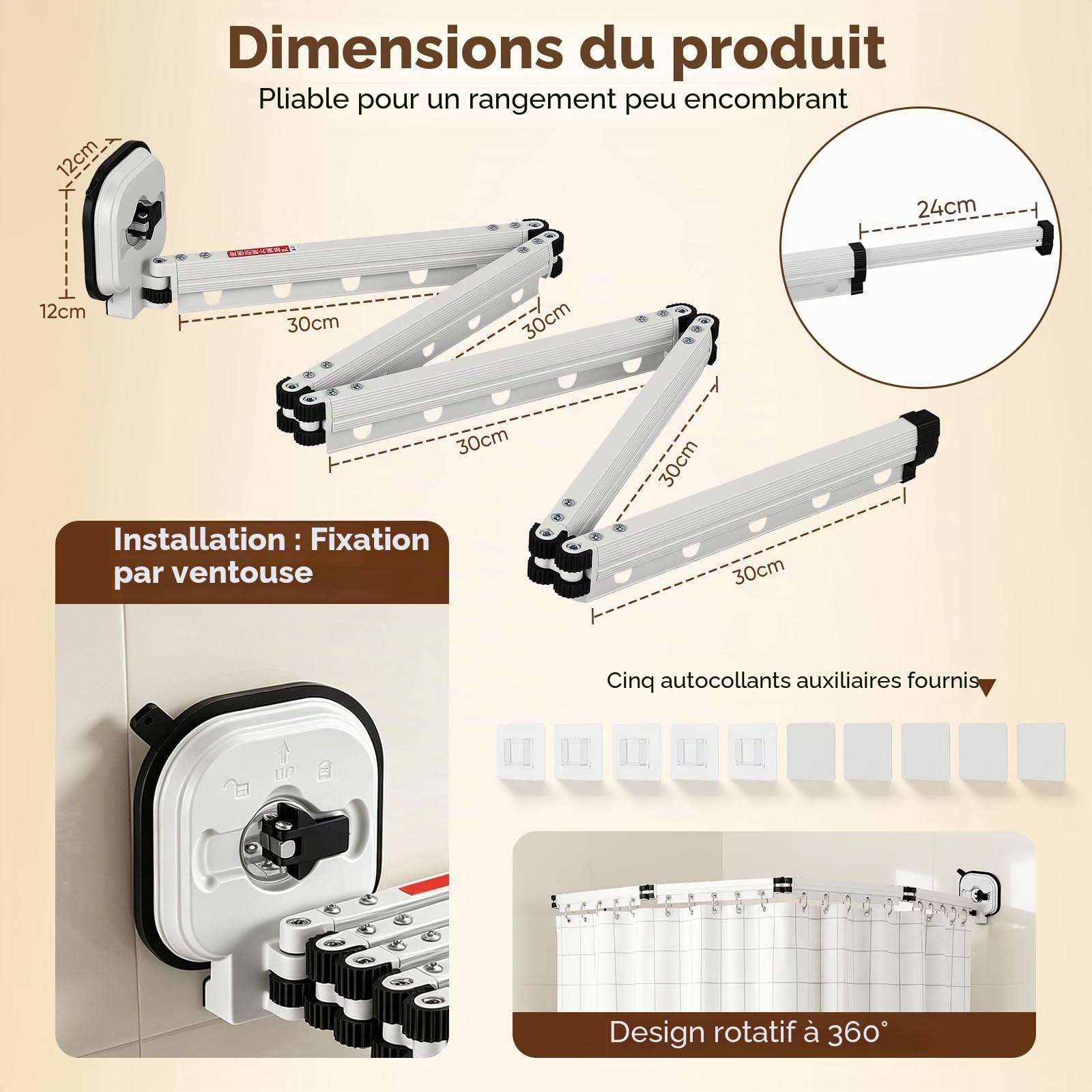 Rideau De Douche Sans Perçage,En Forme De L/U,5 Plis,190 cm | Ventouse Puissante,Tringle À Rideau De Douche Pliable Avec Ventouse,Tringle À Rideau De Douche Pour Douches D'Angle,Blanc
