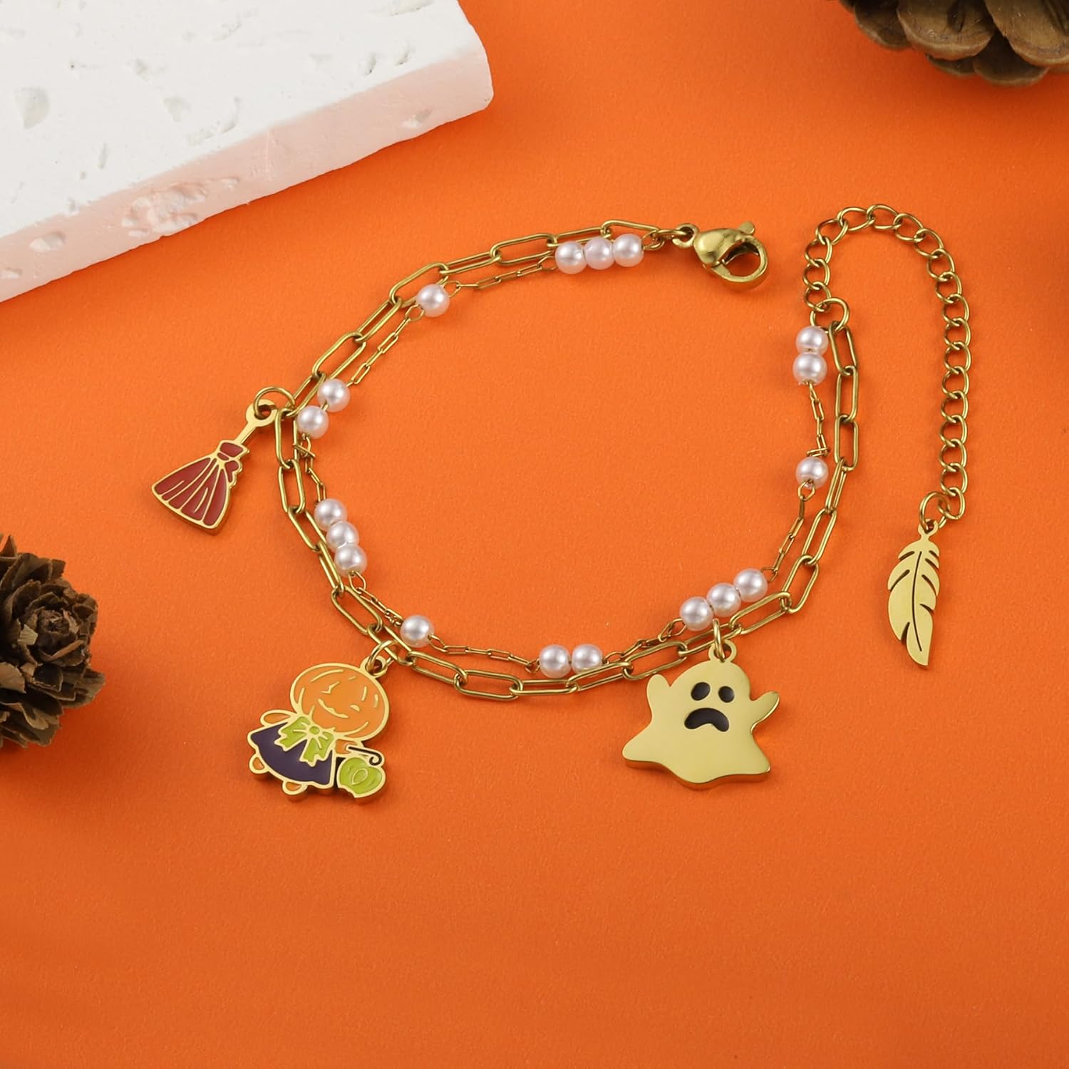 LETFLY Halloween Bracelets for Women, 18K Gold Silver Plated Pumpkin Spider Ghost Witch Charms, Stackable Beaded Bracelet Jewelry Gifts for Women - Image 4