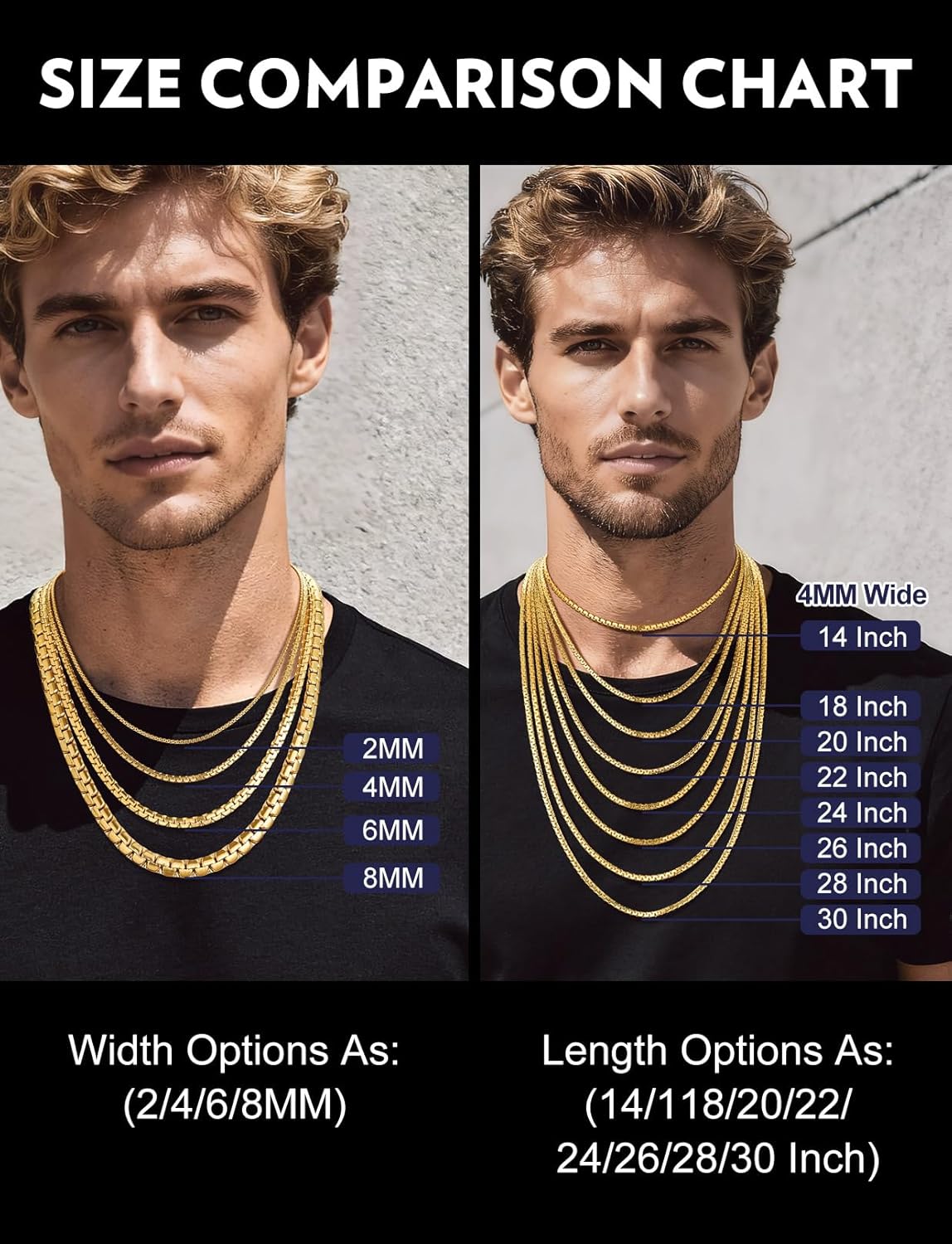 Bandmax Solid Stainless Steel 2MM/4MM/6MM/8MM Flat Box Link Chains for Men Women Silver/Gold/Black Rolo Cable Chain Necklaces Length 14"-30", Gift Packed - Image 6