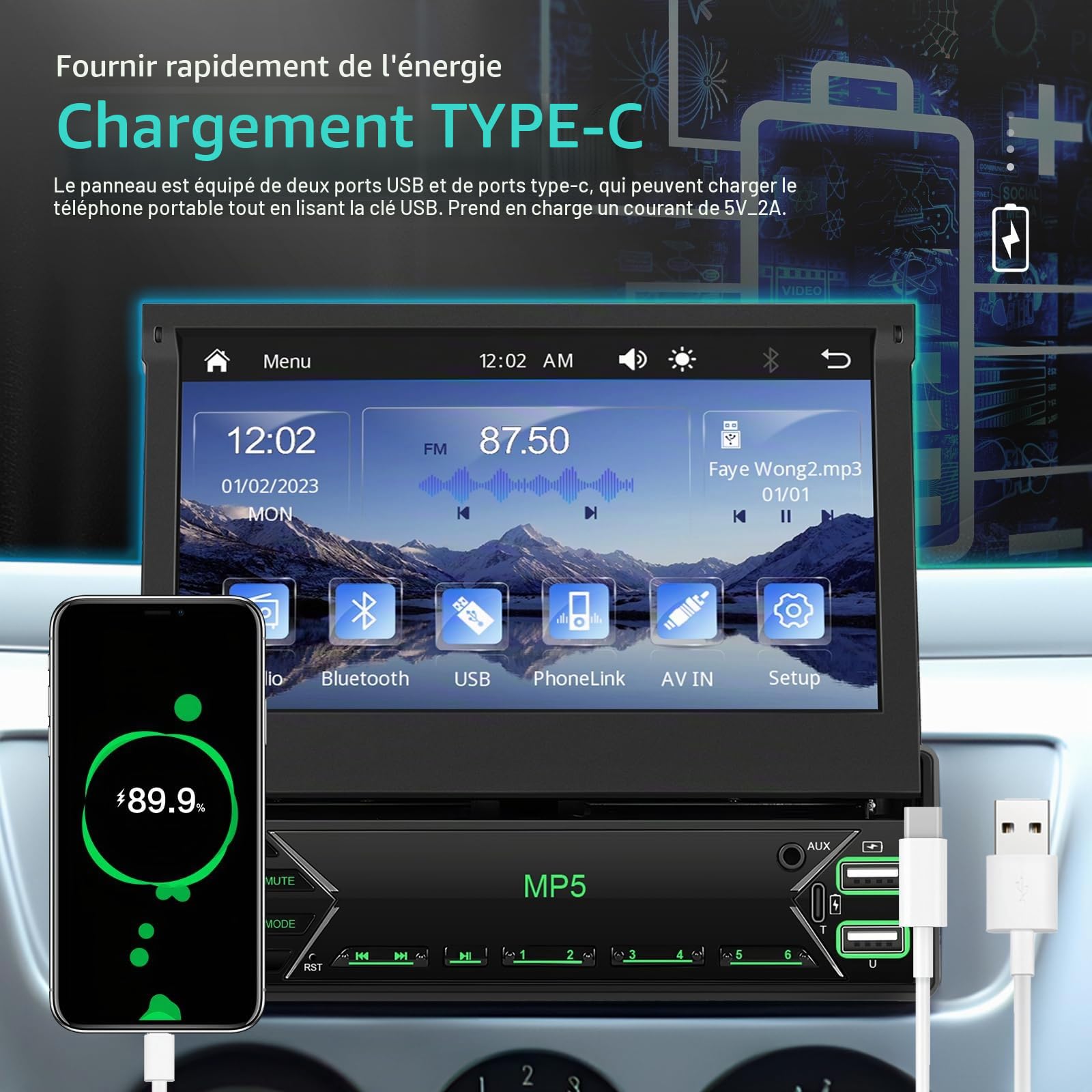 CAMECHO [Wireless] 1 DIN 7 Pouce Autoradio avec Carplay Android Auto Ecran Tactile Rotatif Radio Voiture, Bluetooth Lien Miroir AM/FM/RDS MP5 USB/Carte TF Port SWC+Mic
