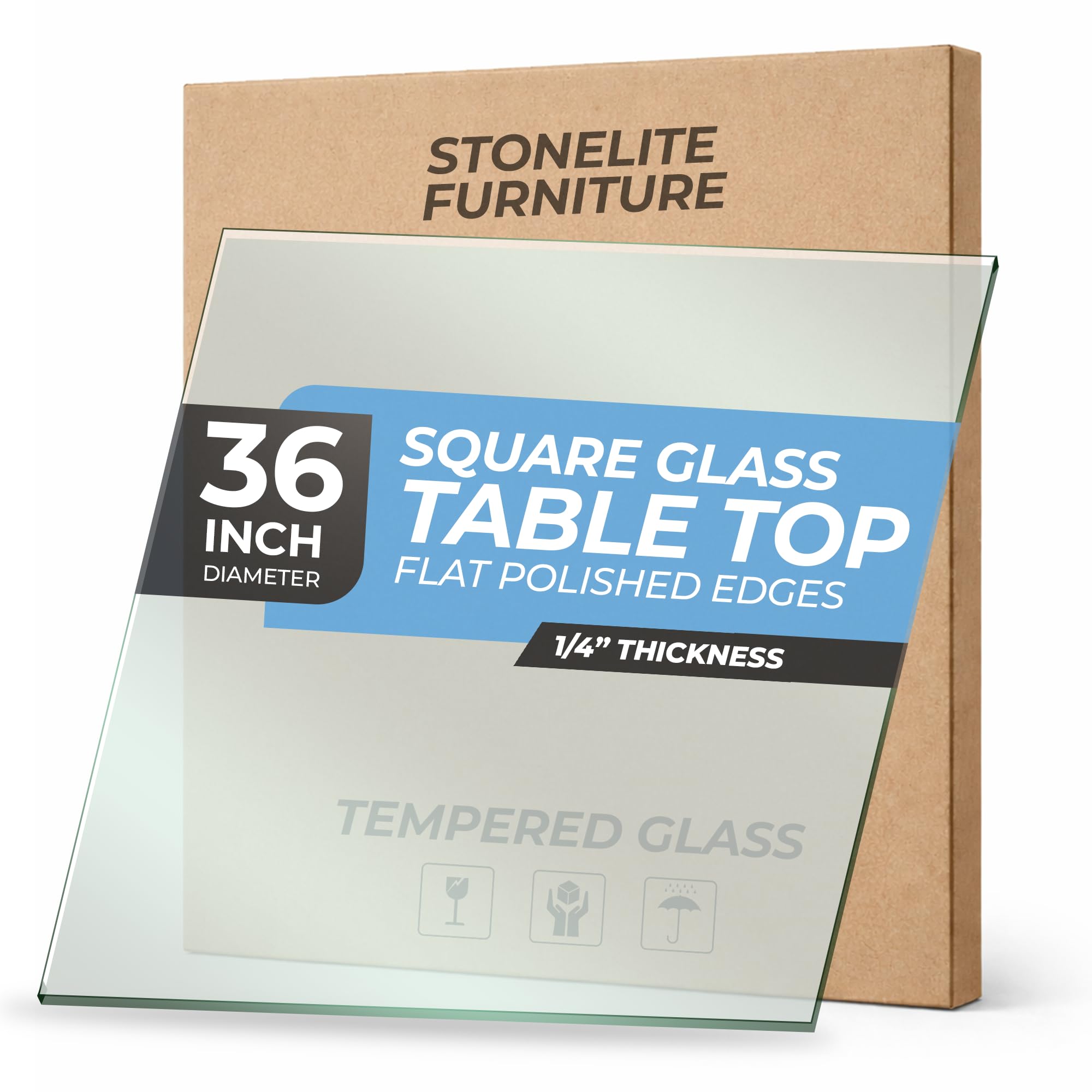 36" inch Square Tempered Glass Table Top - 1/4 inch Thickness & Flat Polished Edge - Clear Surface & Scratch Resistant - Ideal for Dining Room,