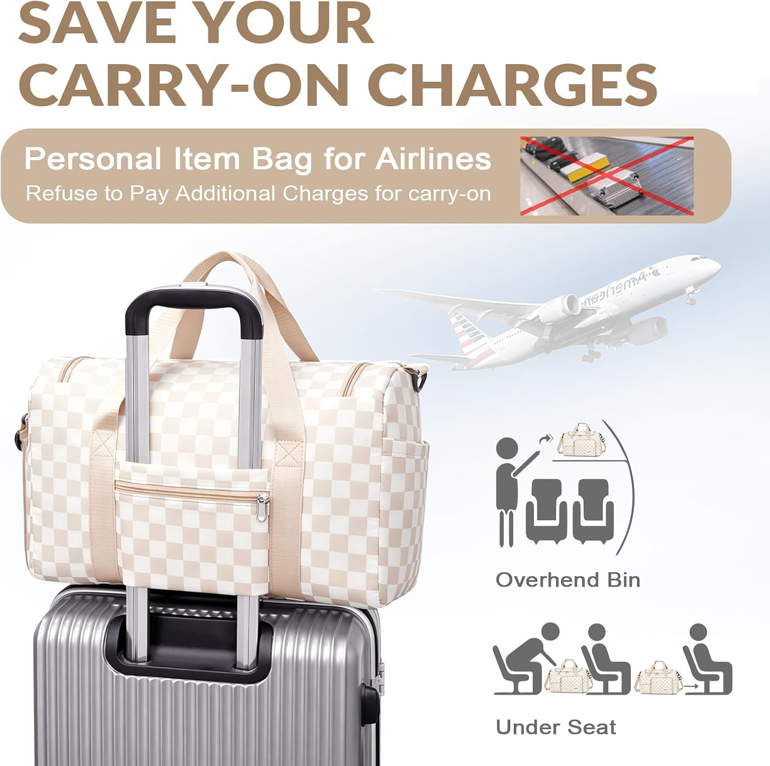 WOOMADA Foldable Travel Duffel Bag for Women, Weekender Bags with Shoes Compartment,Overnight Bag with Wet Pocket & Trolley Sleeve(beige checkerboard) image 5