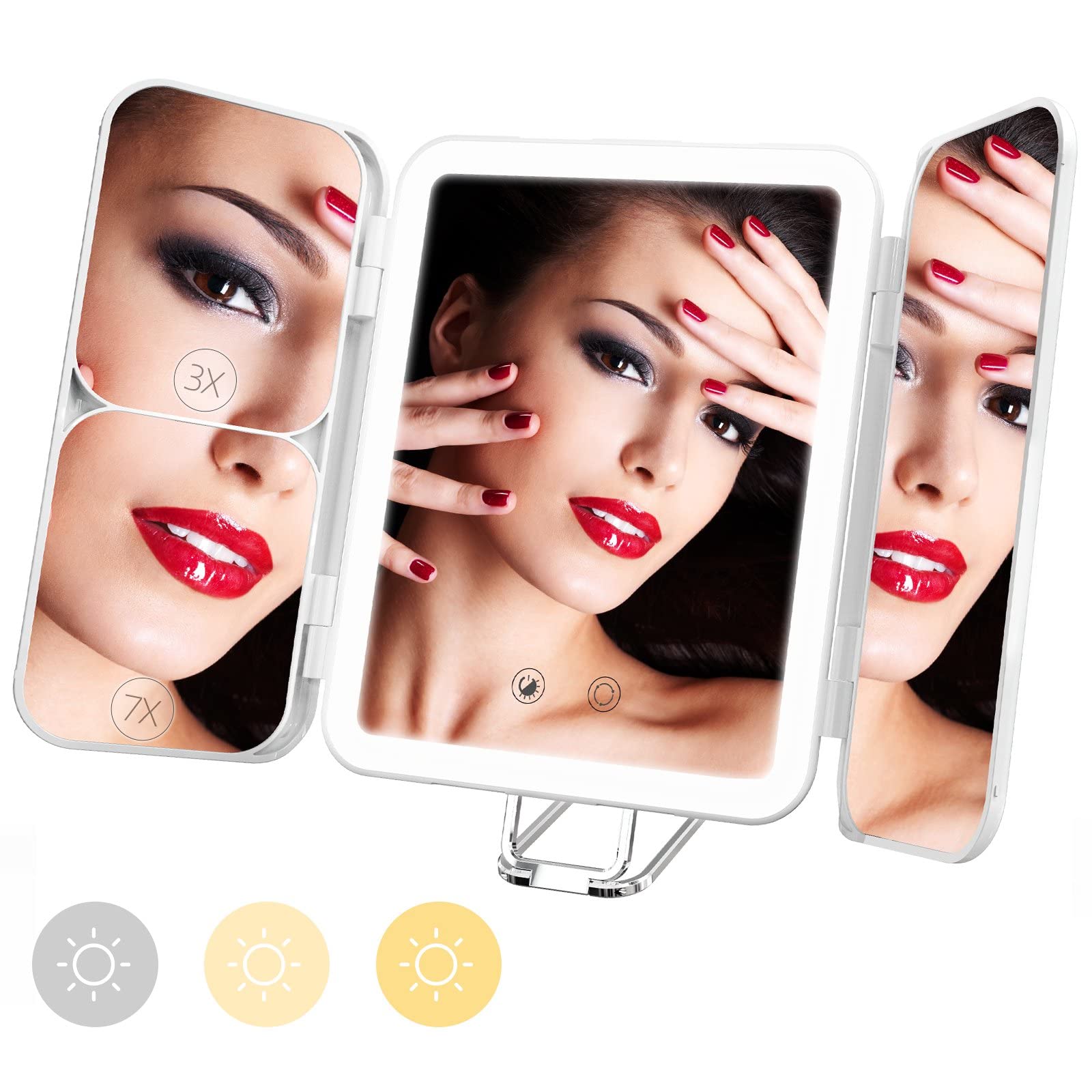 Specchio Trucco Con Luci, portatile illuminato da viaggio, specchio ingranditore 1X/3X/7X con luci, specchio da vanità a tre colori, luminosità regolabile, ricaricabile, per tavolo, bagno
