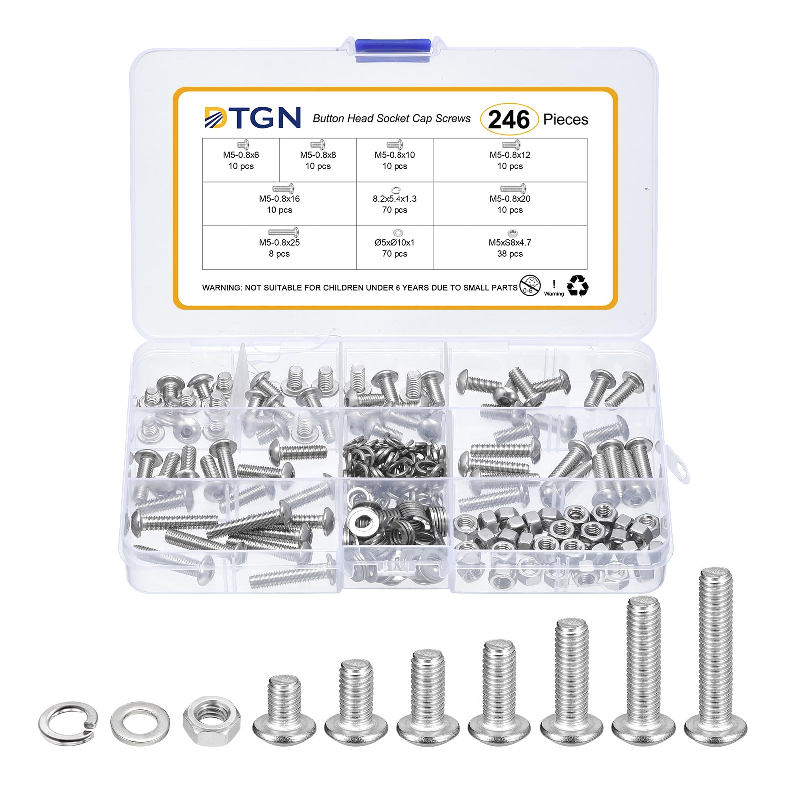 DTGN 246Pcs M5-0.8x6/8/10/12/16/20/25mm Button Head Socket Cap Screws, 304 Stainless Steel Bolt Nut Set Washer Assortment Kit