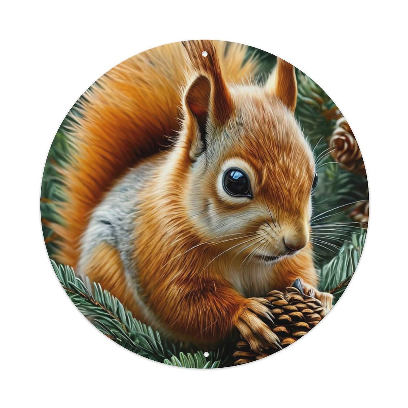 Animal Red Squirrel Holding Pine Cone on Fir Branch Wildlife Nature Vintage Metal Tin Sign Plaque Wall Decor for Cafe, Club Bar, Office, Garden Metal Poster 8x8Inch
