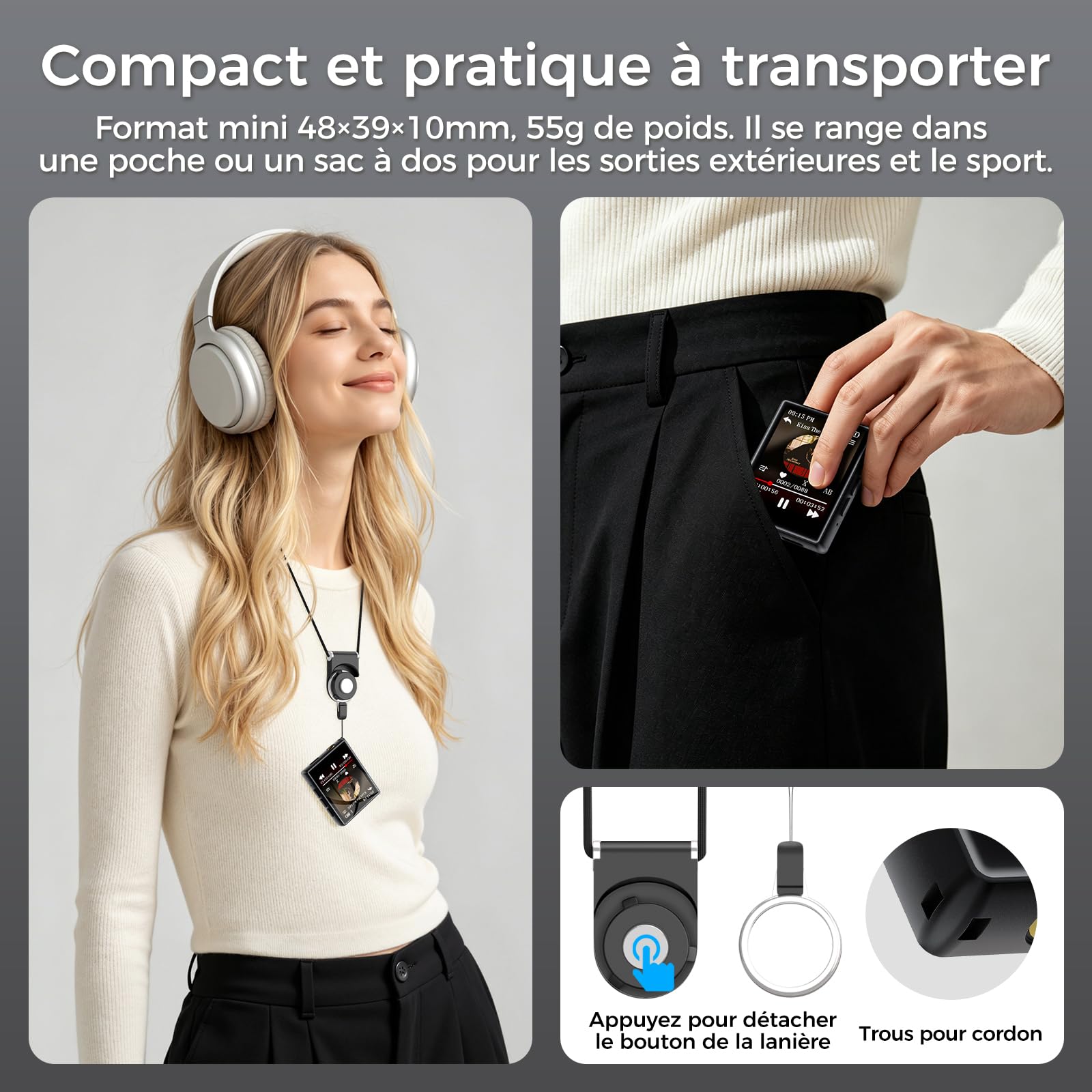 64 Go Lecteur MP3 avec Bluetooth 5.3, Mini Lecteur MP3 avec écran Tactile de 1,8 Pouces, Haut-Parleur, Son HiFi, Radio FM, Lecteur de Livres électroniques, enregistreur, jusqu'à 128 Go (Noir, 55 g)